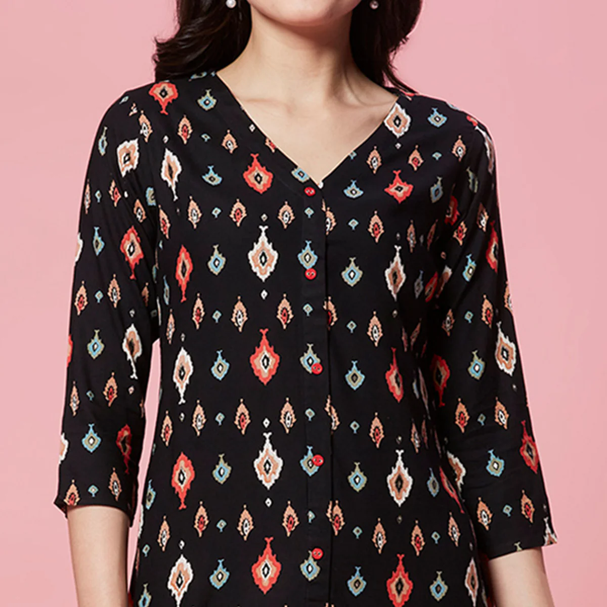 Black Ikkat Printed Rayon Straight Kurti - Image 3