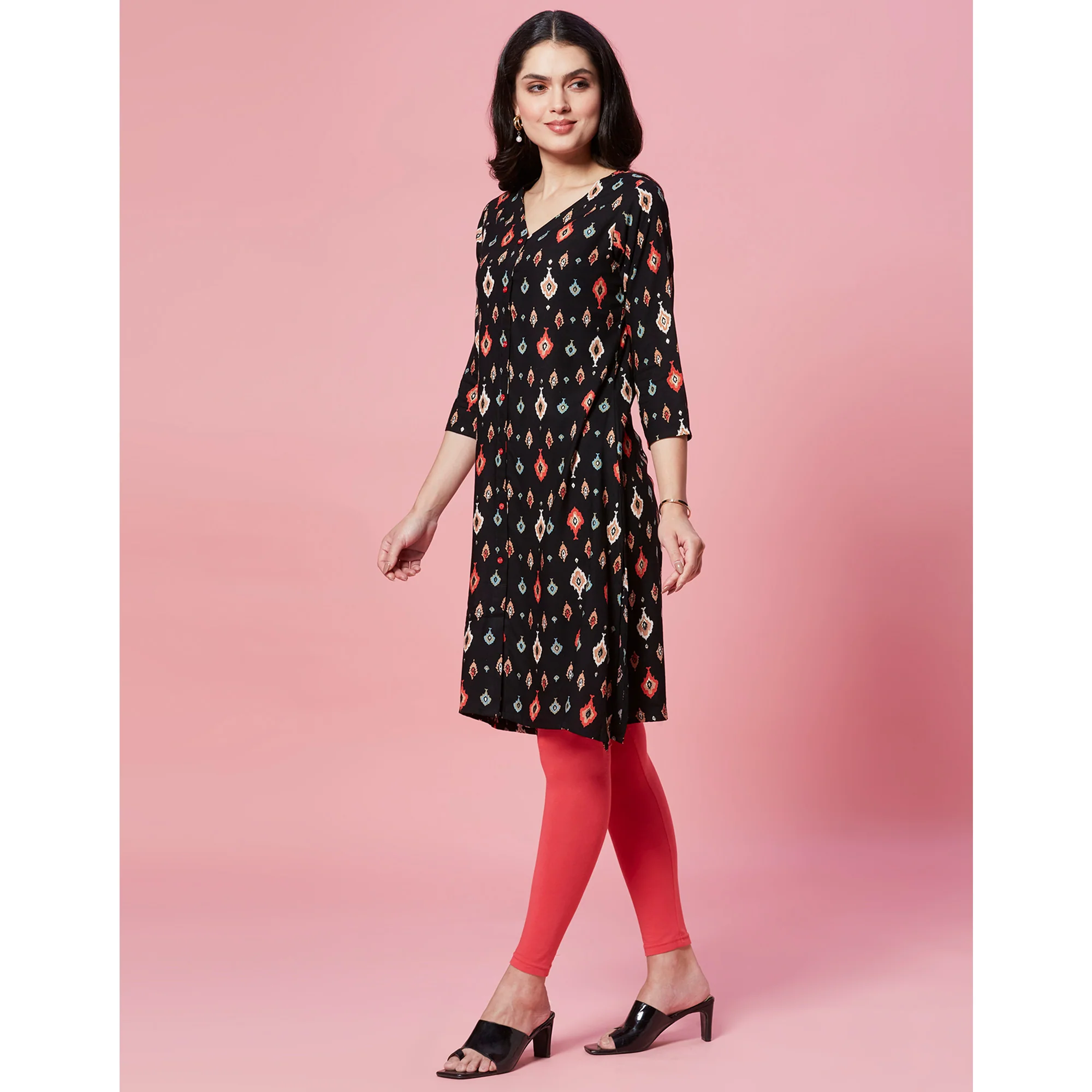 Black Ikkat Printed Rayon Straight Kurti - Image 5