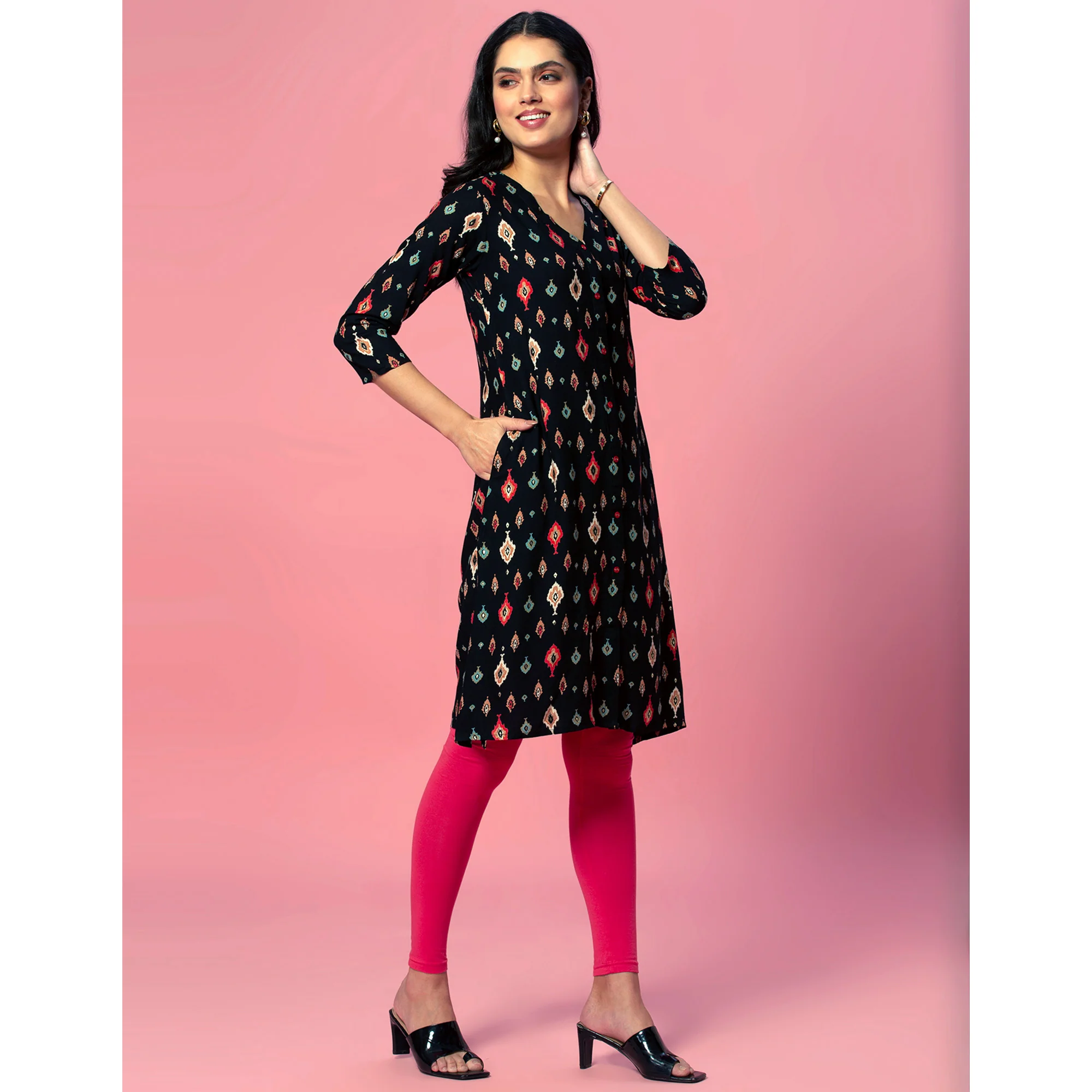 Black Ikkat Printed Rayon Straight Kurti - Image 6