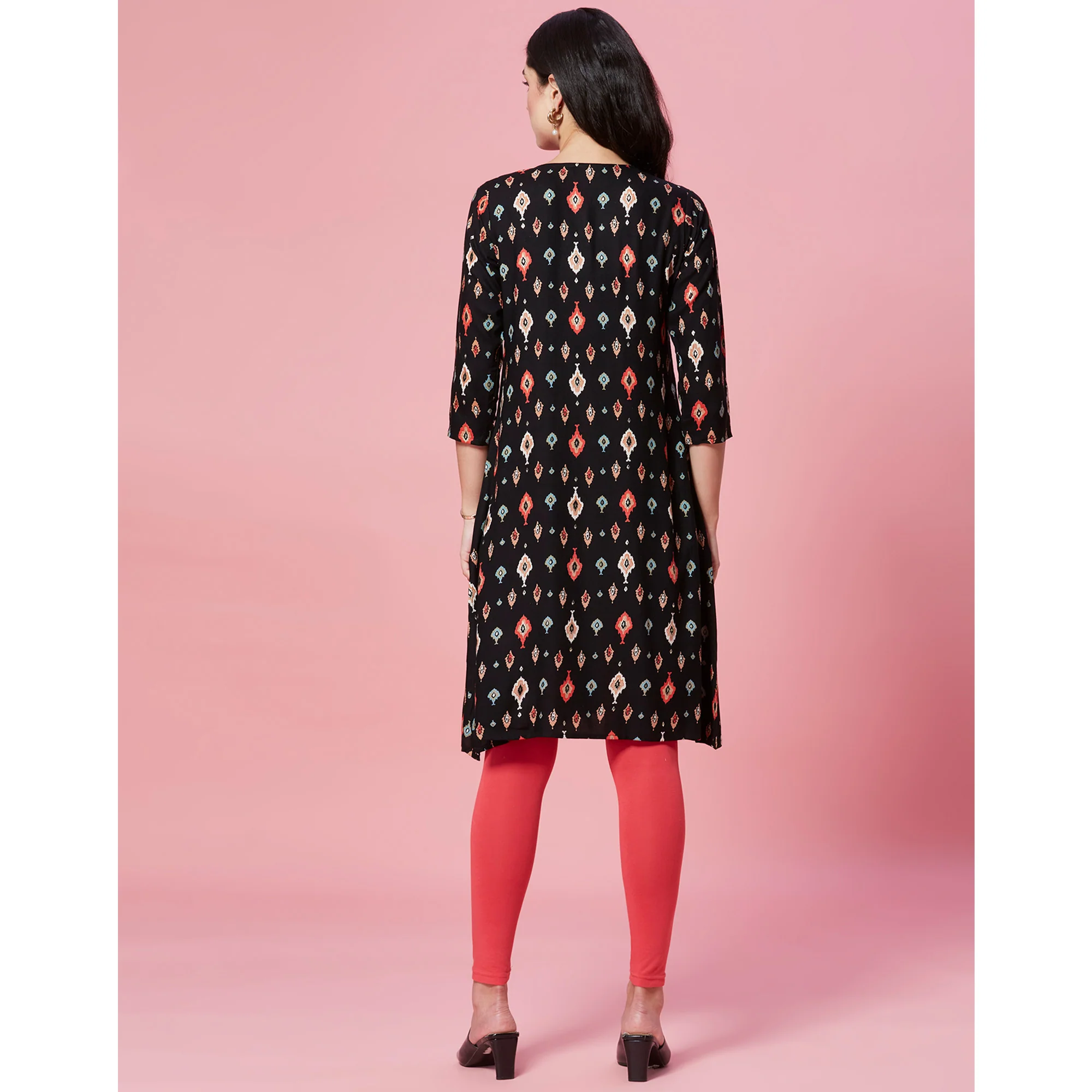 Black Ikkat Printed Rayon Straight Kurti - Image 7