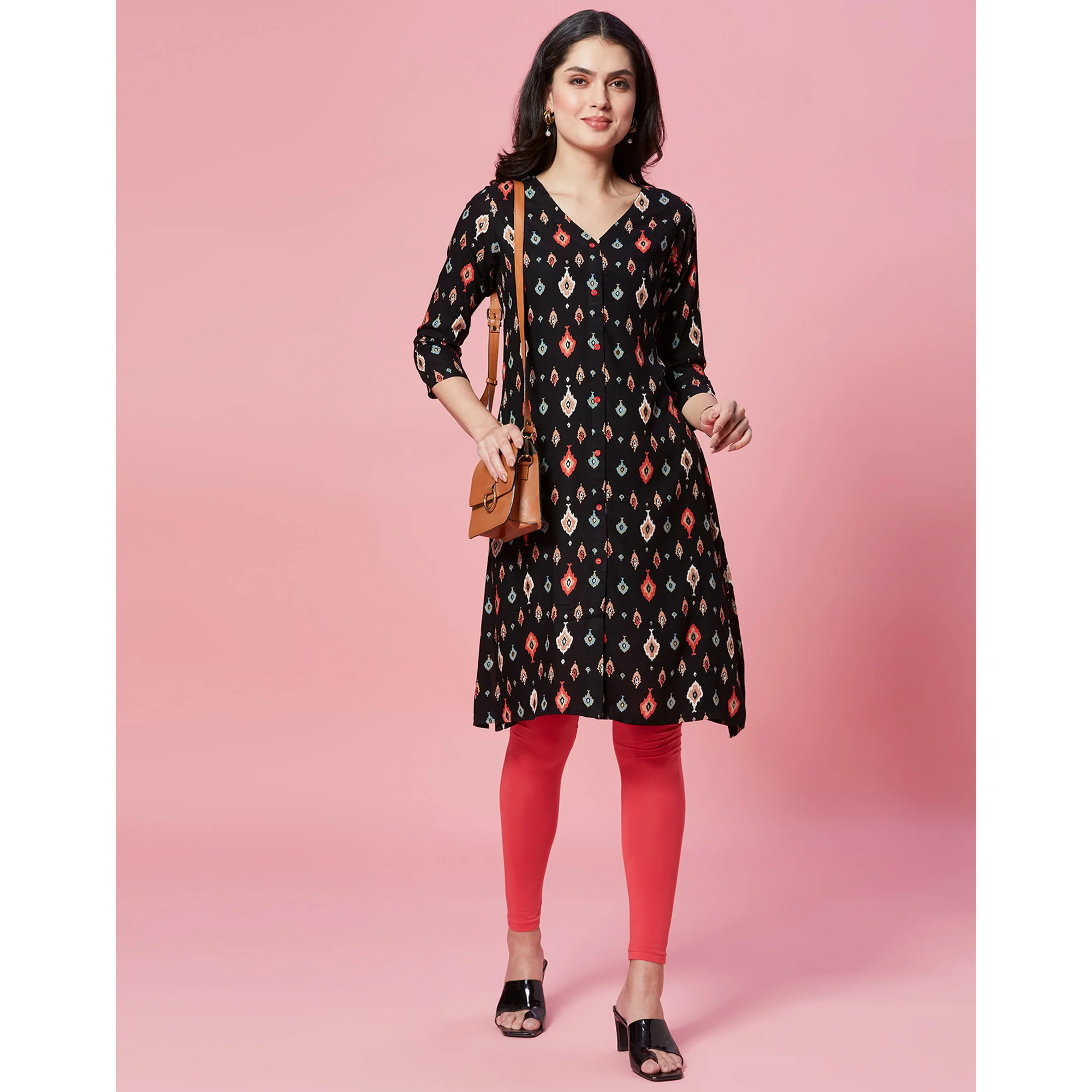 Black Ikkat Printed Rayon Straight Kurti - Image 8