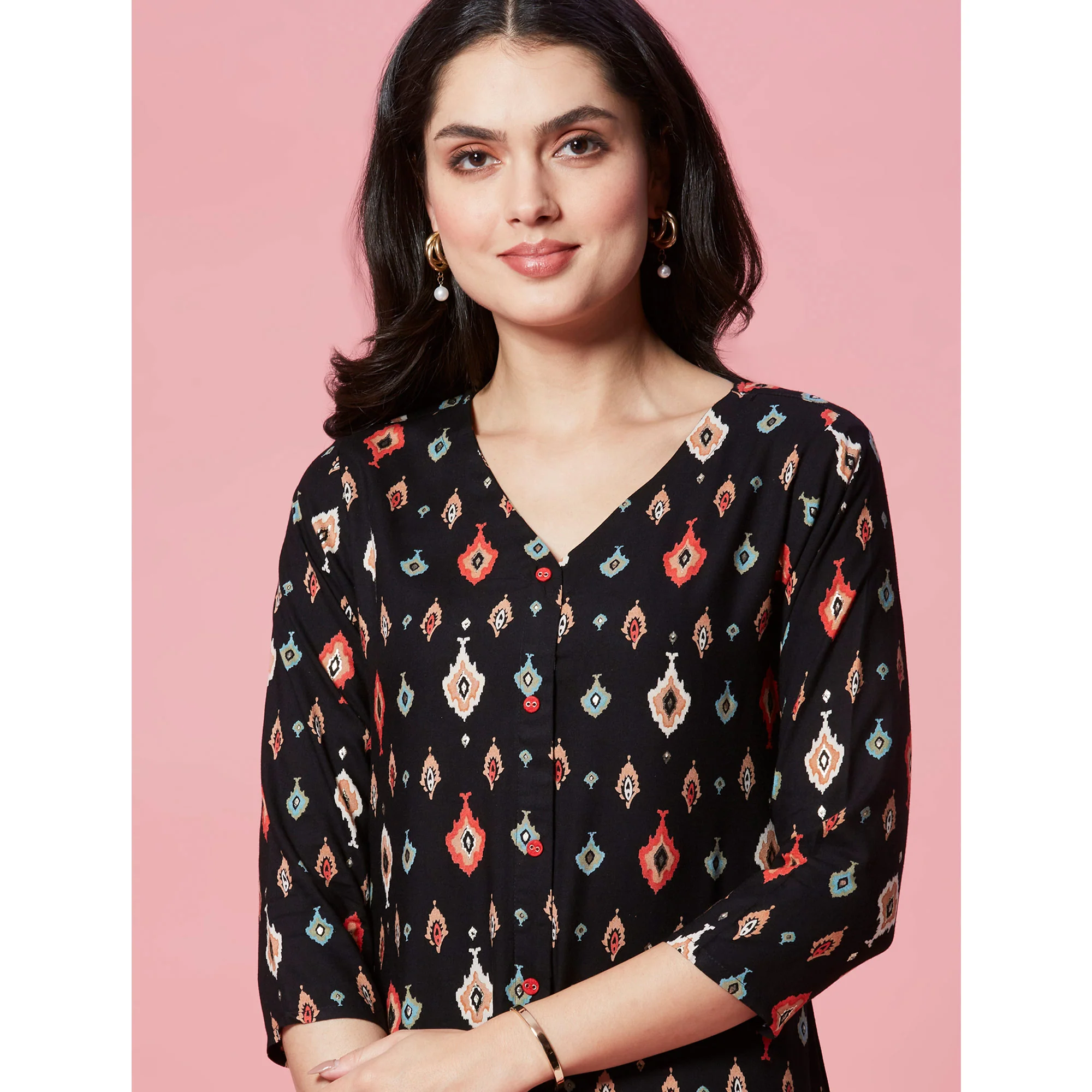 Black Ikkat Printed Rayon Straight Kurti - Image 9