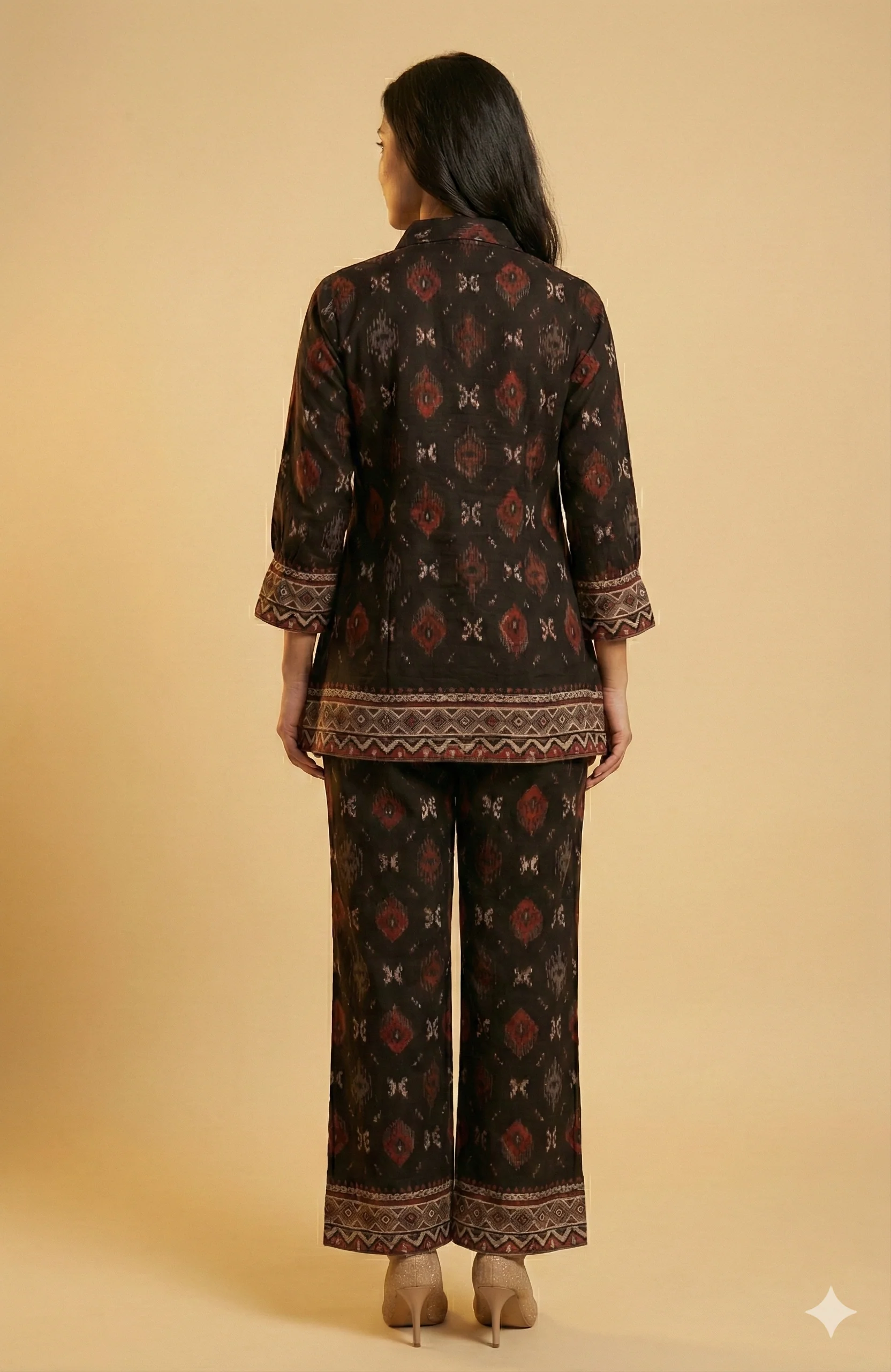 Black Ikkat Printed Viscose A-Line Top Bottom Set with Ethnic Contemporary Appeal - Image 3
