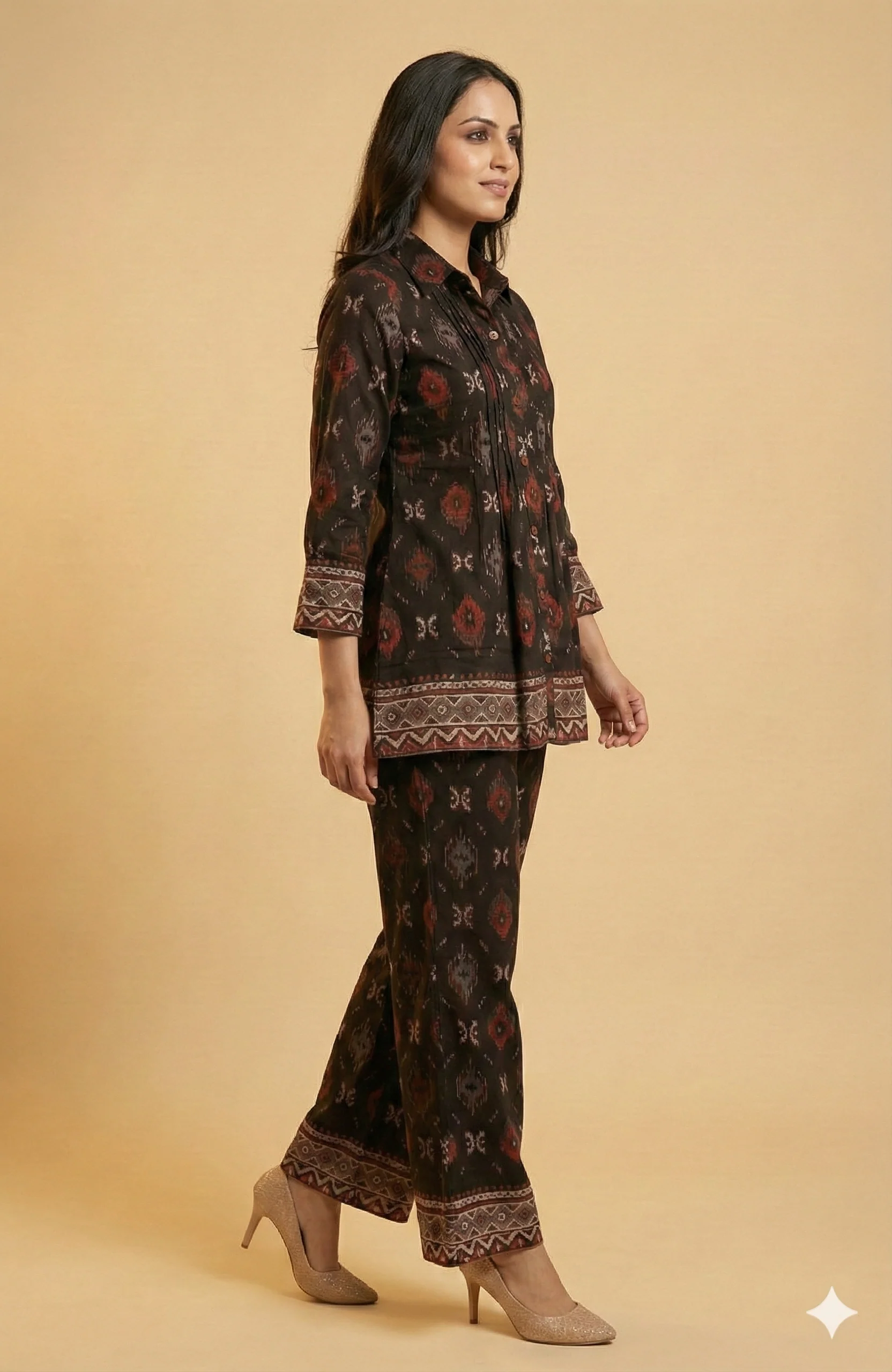 Black Ikkat Printed Viscose A-Line Top Bottom Set with Ethnic Contemporary Appeal - Image 4