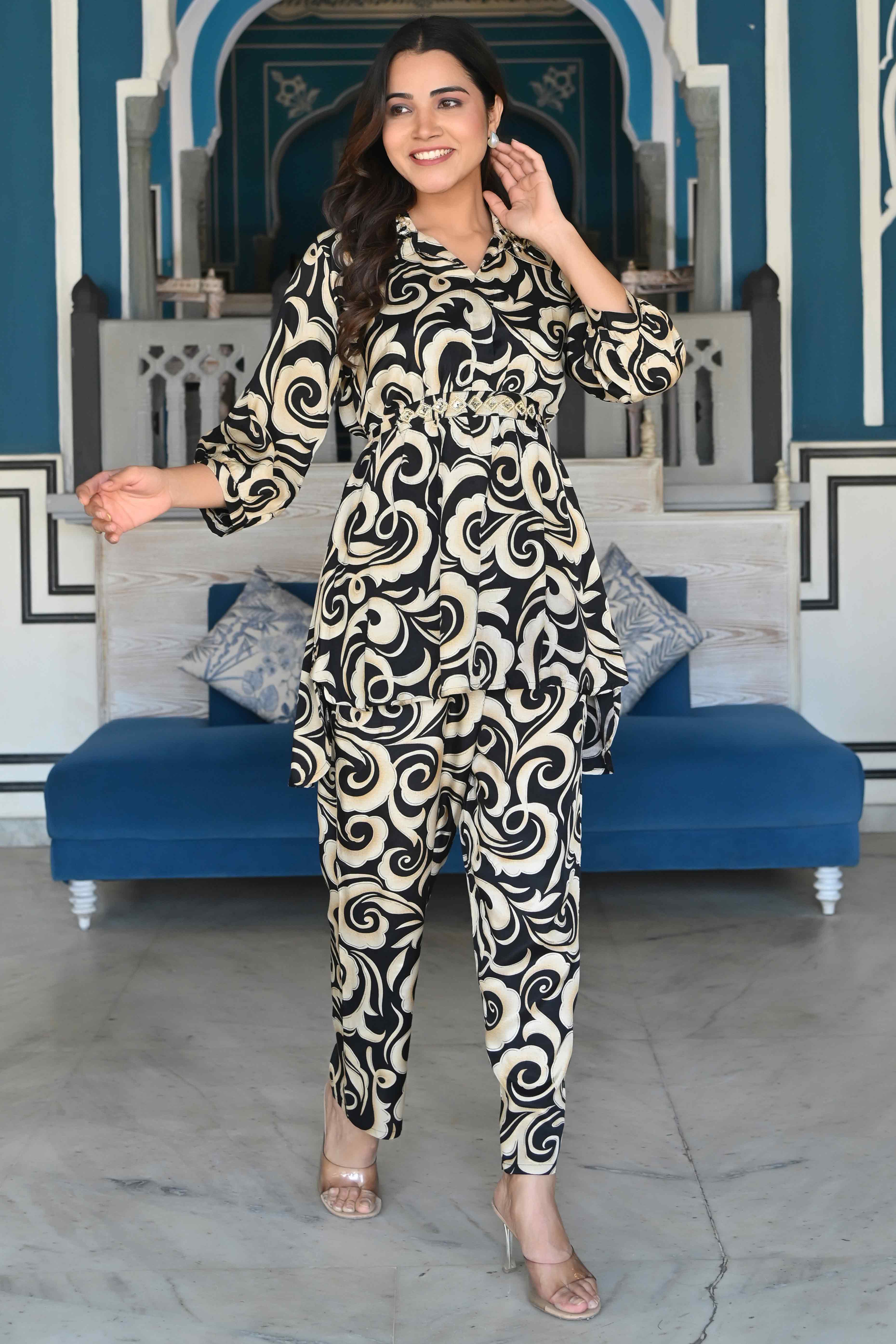 Black & Ivory Printed Muslin Front Knot Co-ord Set - Image 5