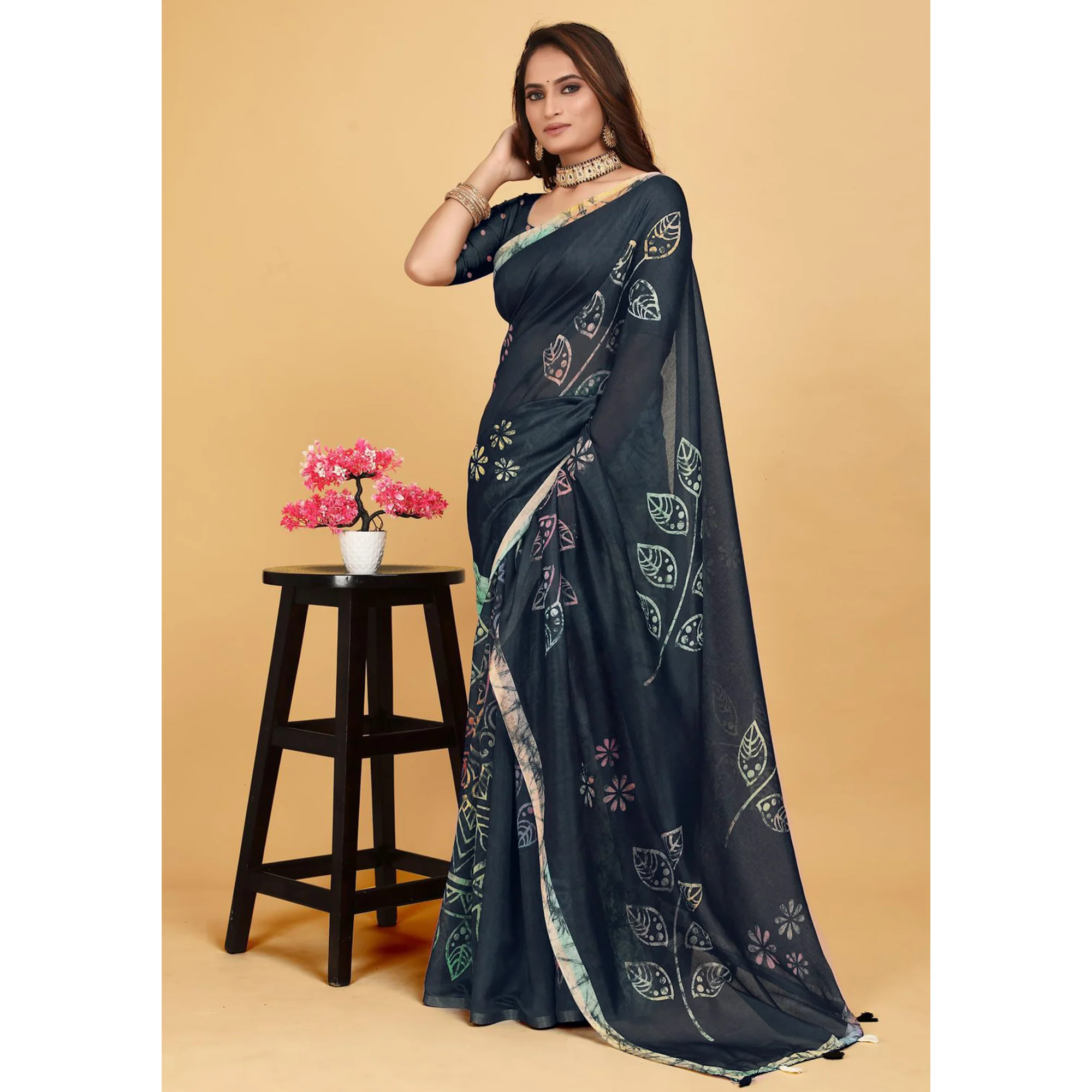 Black Kalamari Printed Chanderi Saree - Image 3