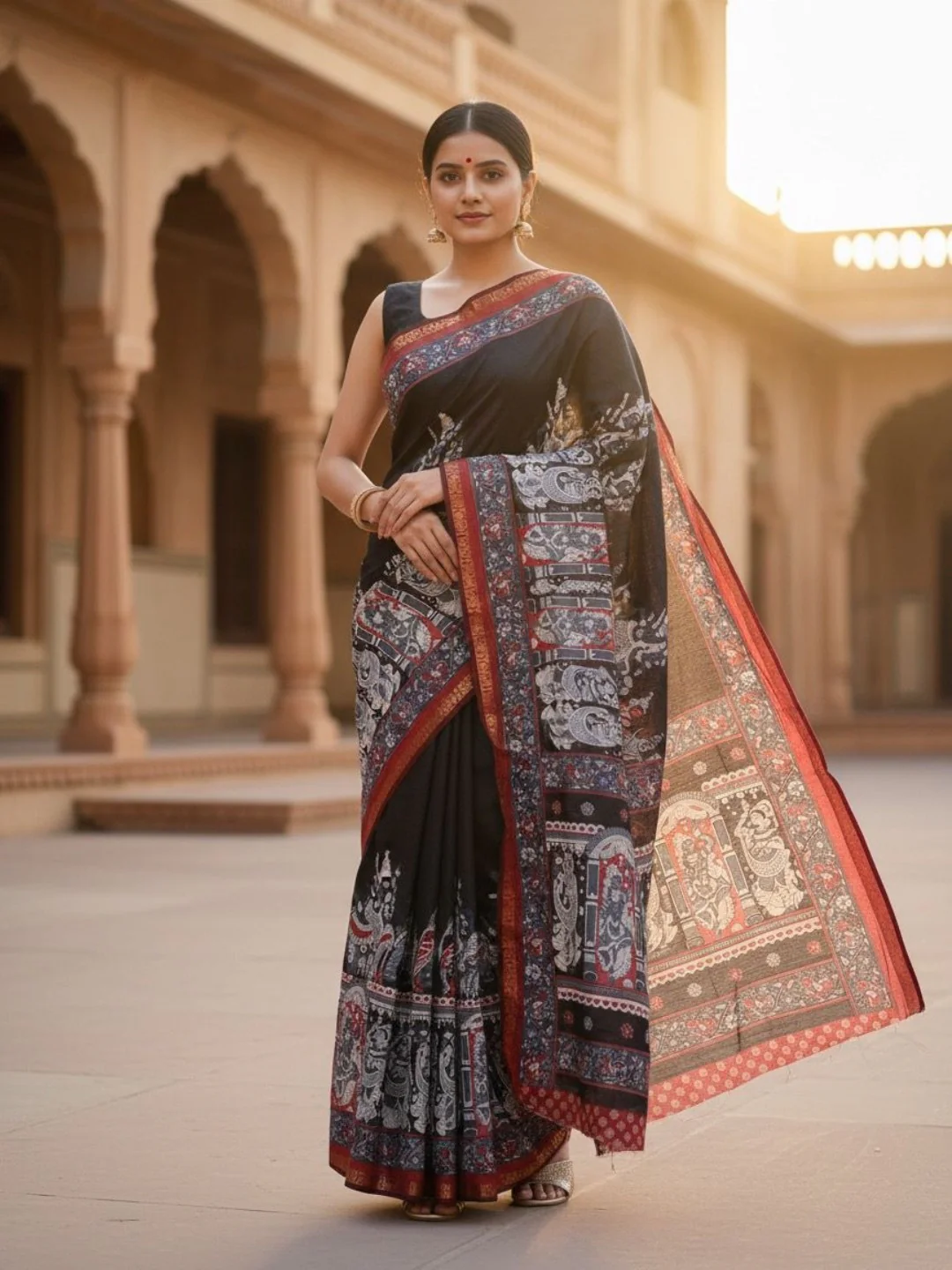 Black Kalamkari Mythological Print Viscose Saree with Pink Zari Woven Border Elegance
