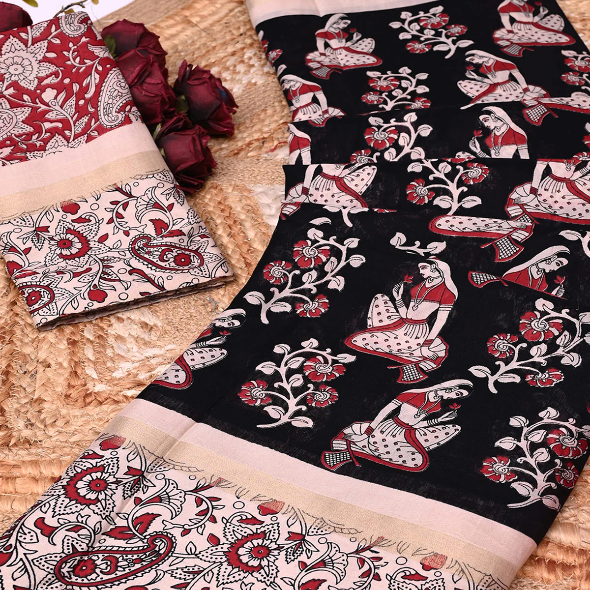 Black Kalamkari Print on Soft Mulmul Cotton Saree for Effortless Style - Image 2