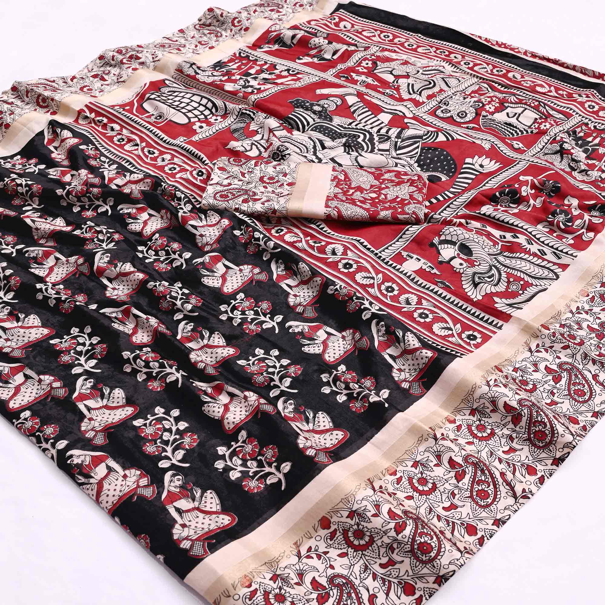 Black Kalamkari Print on Soft Mulmul Cotton Saree for Effortless Style - Image 4