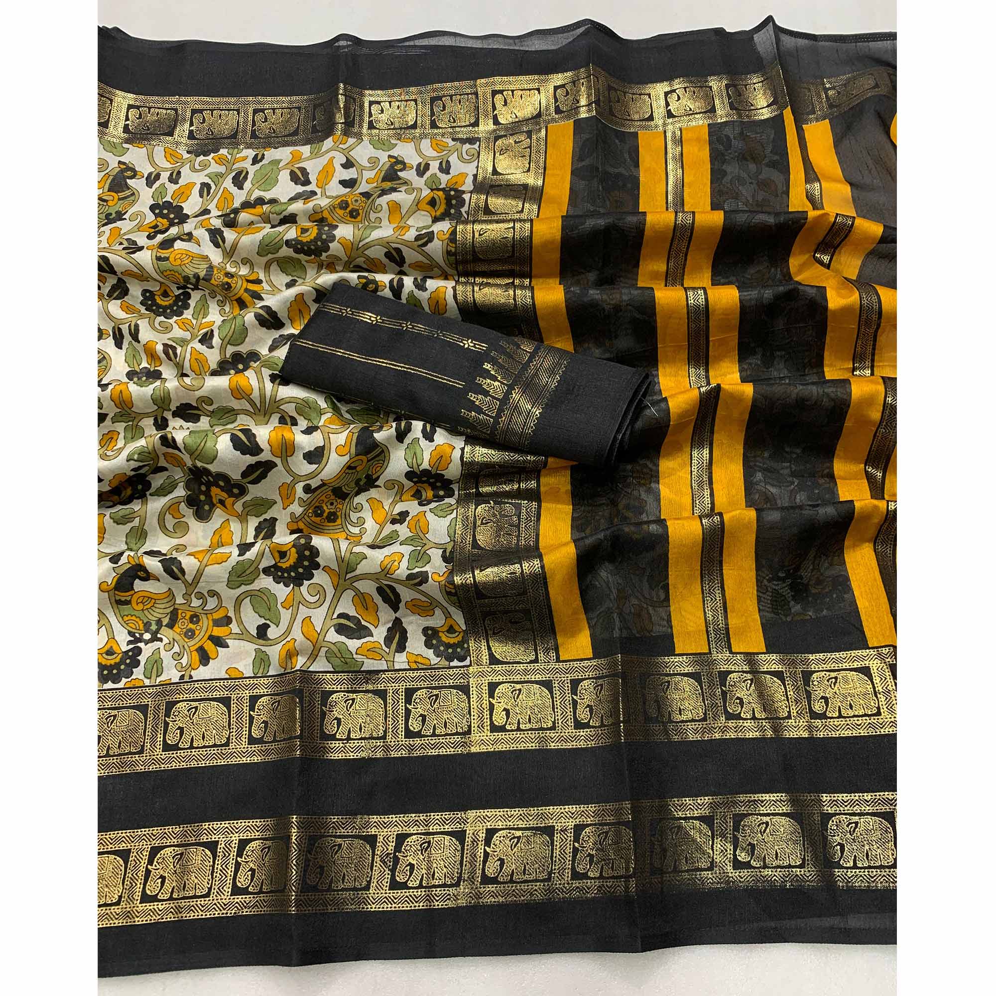 Black Kalamkari Printed Dola Silk Saree - Image 3