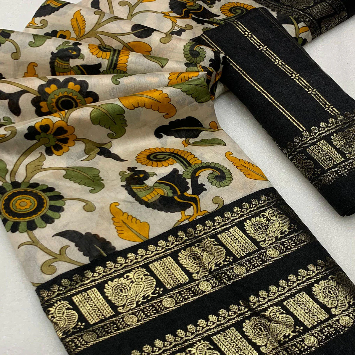 Black Kalamkari Printed Dola Silk Saree - Image 2