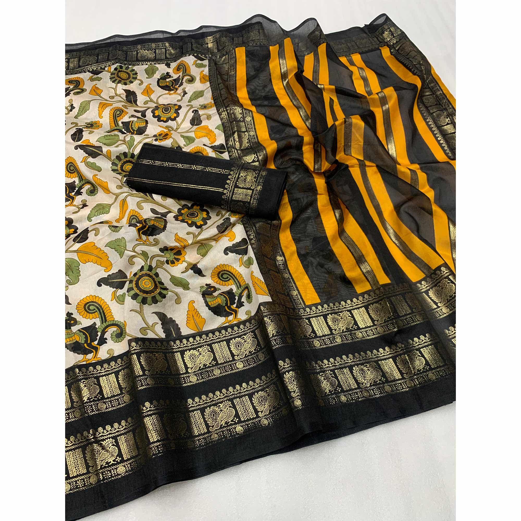 Black Kalamkari Printed Dola Silk Saree - Image 3