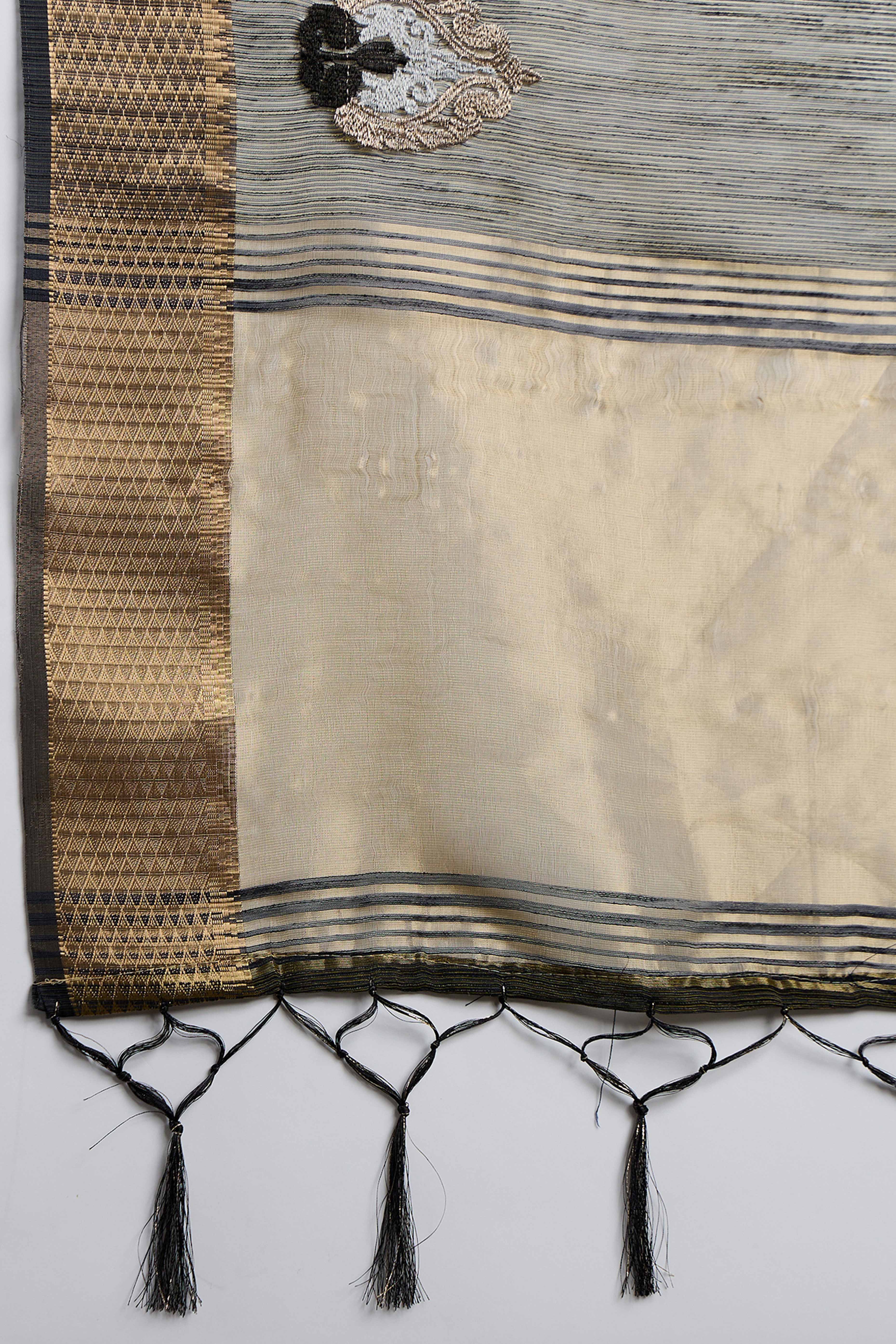 Black Khadi Organza Saree Adorned With Elegant Embroidery & Tassel Pallu - Image 8