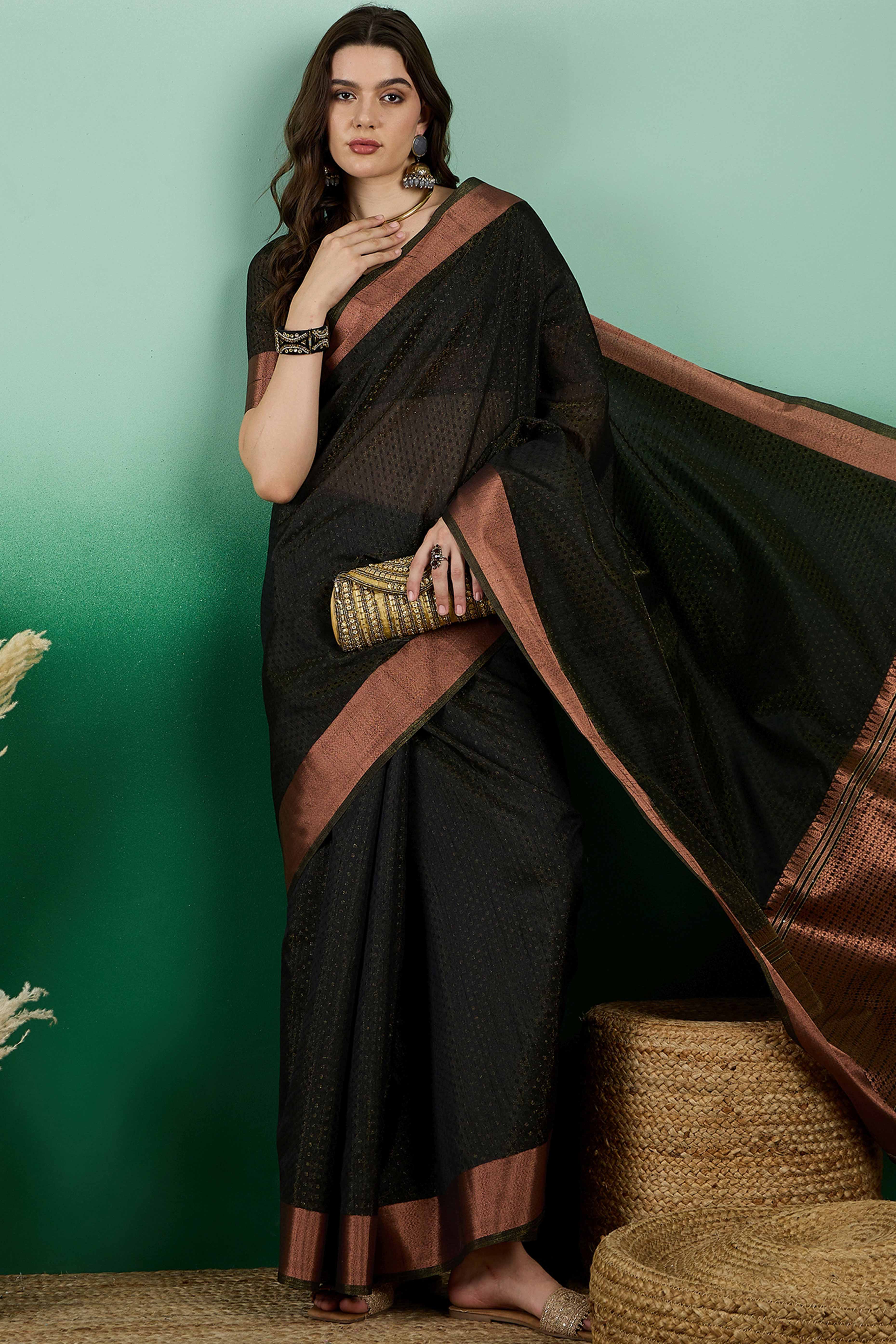 Black Khadi Organza Saree Intricate Weaving & Sparkling Sequins with Tassel Pallu - Image 3