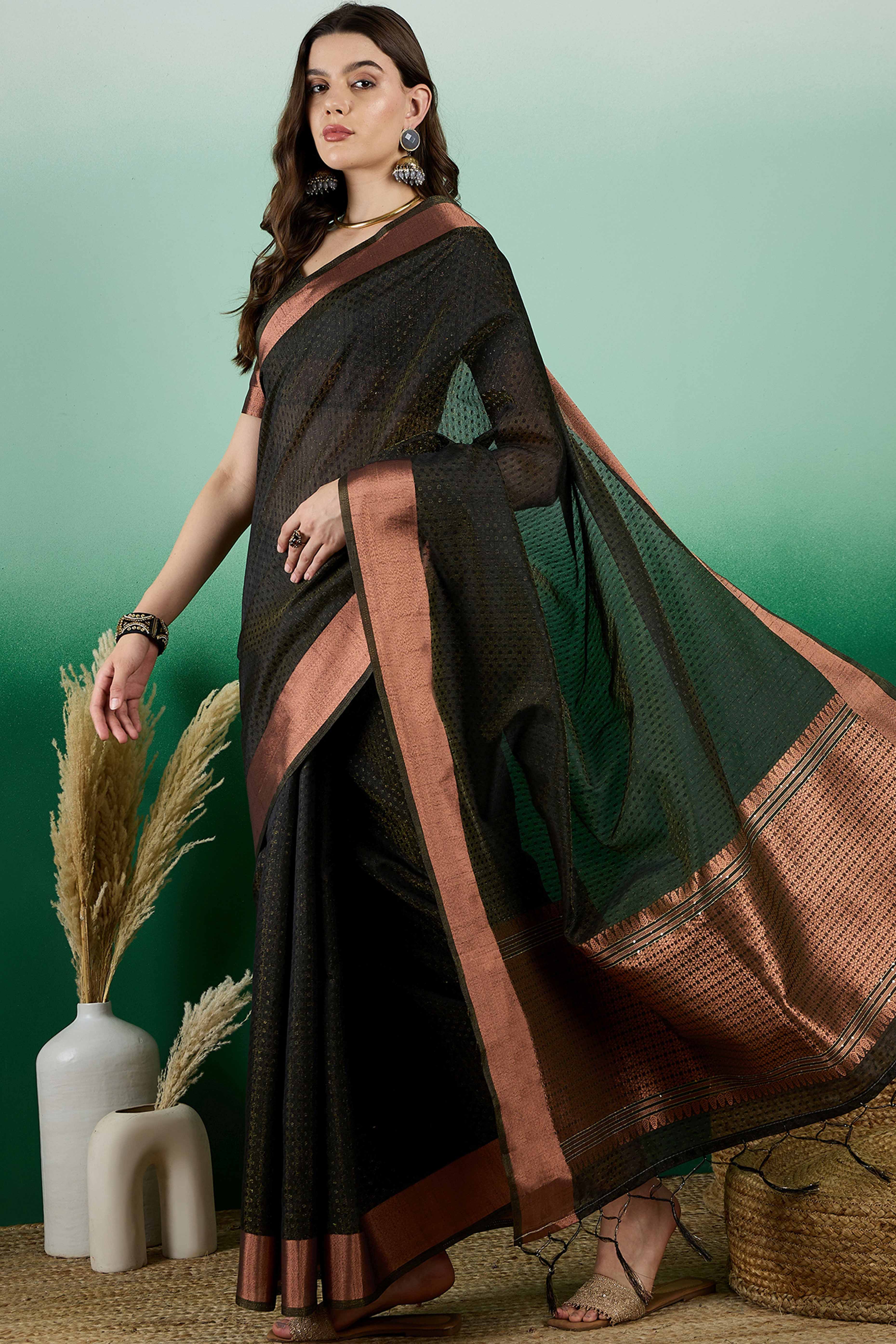 Black Khadi Organza Saree Intricate Weaving & Sparkling Sequins with Tassel Pallu - Image 4