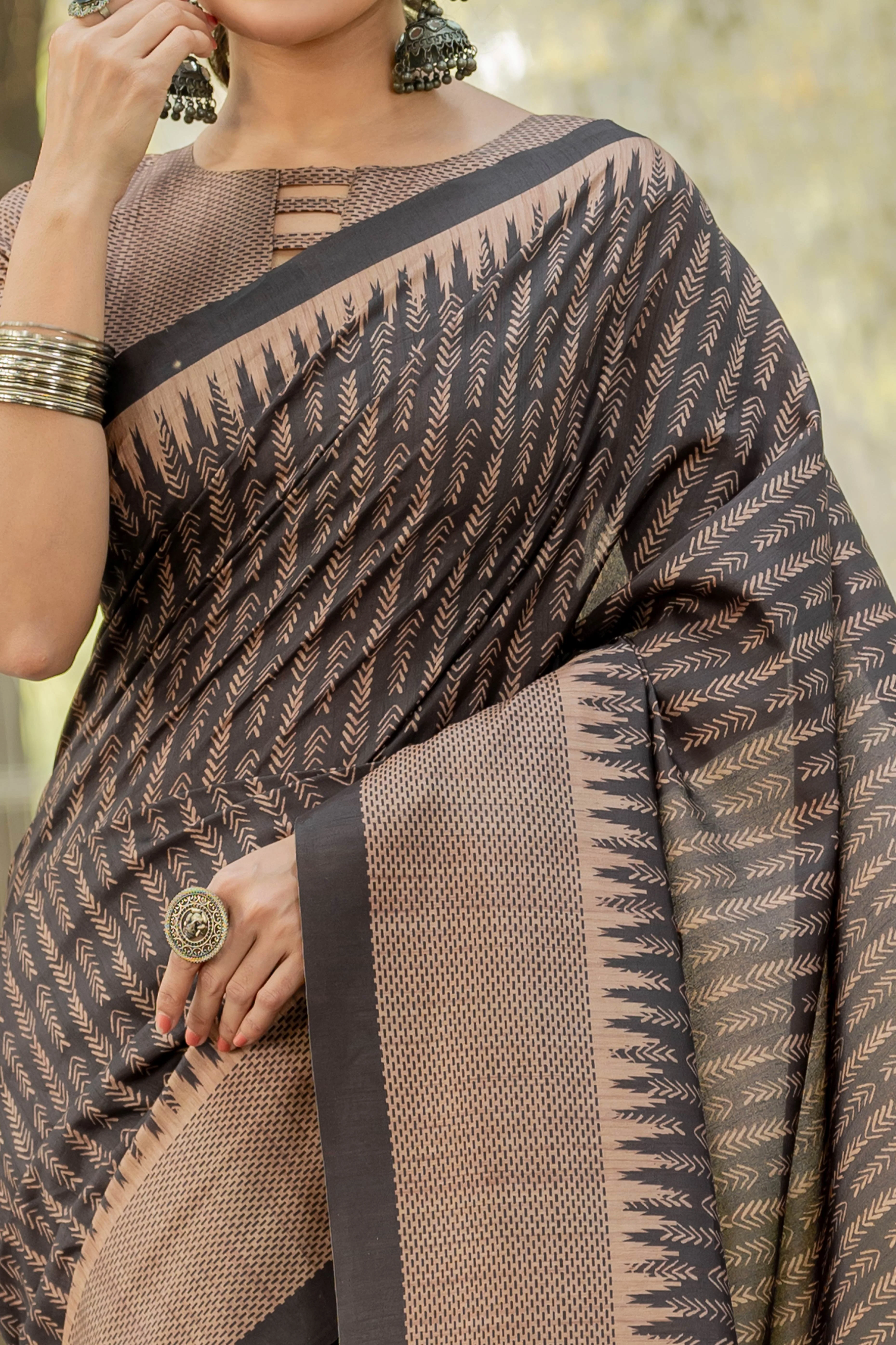 Black Kozi Cotton Silk Saree Indicating Digital Prints and Soft Tassel Edging - Image 2