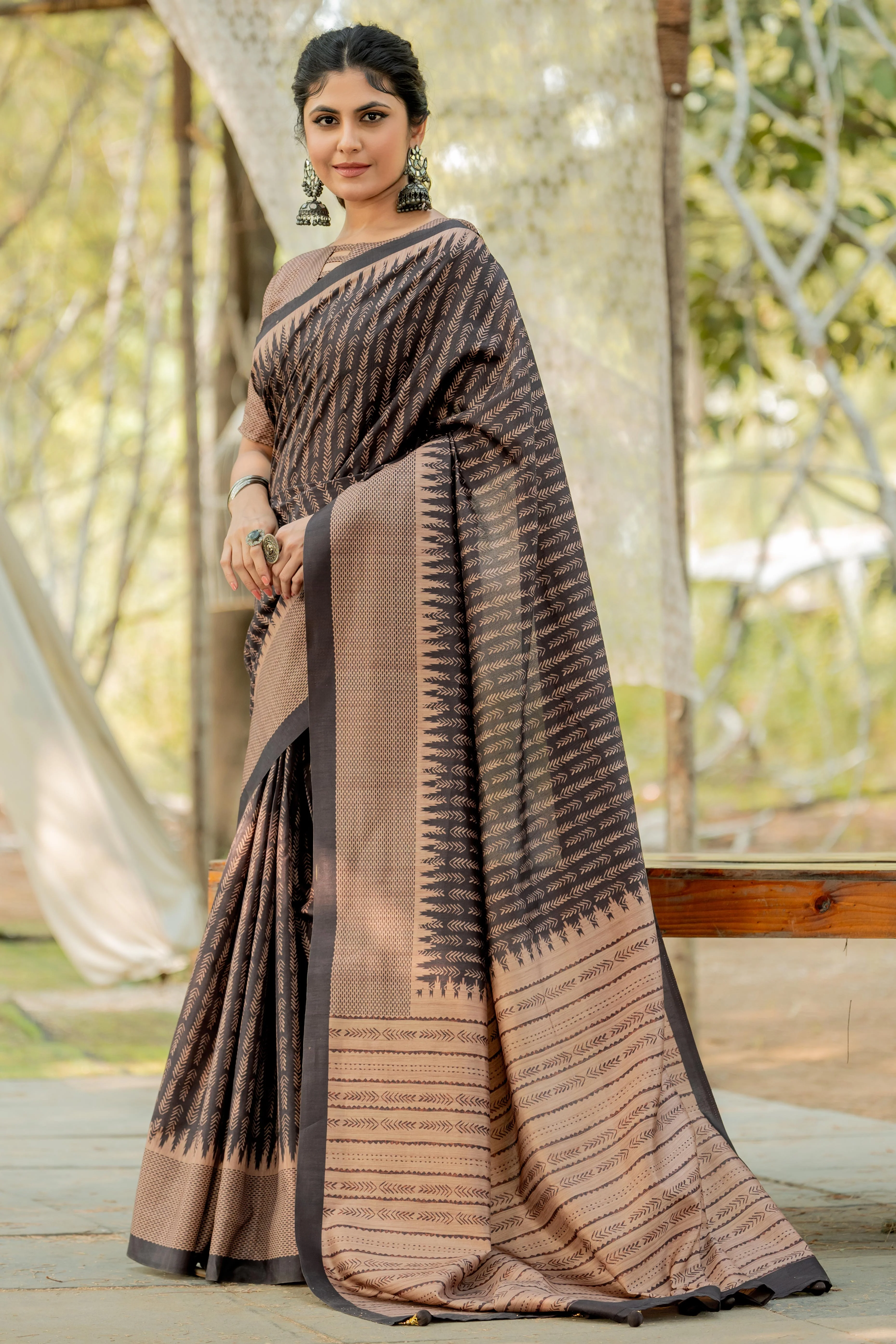 Black Kozi Cotton Silk Saree Indicating Digital Prints and Soft Tassel Edging - Image 3