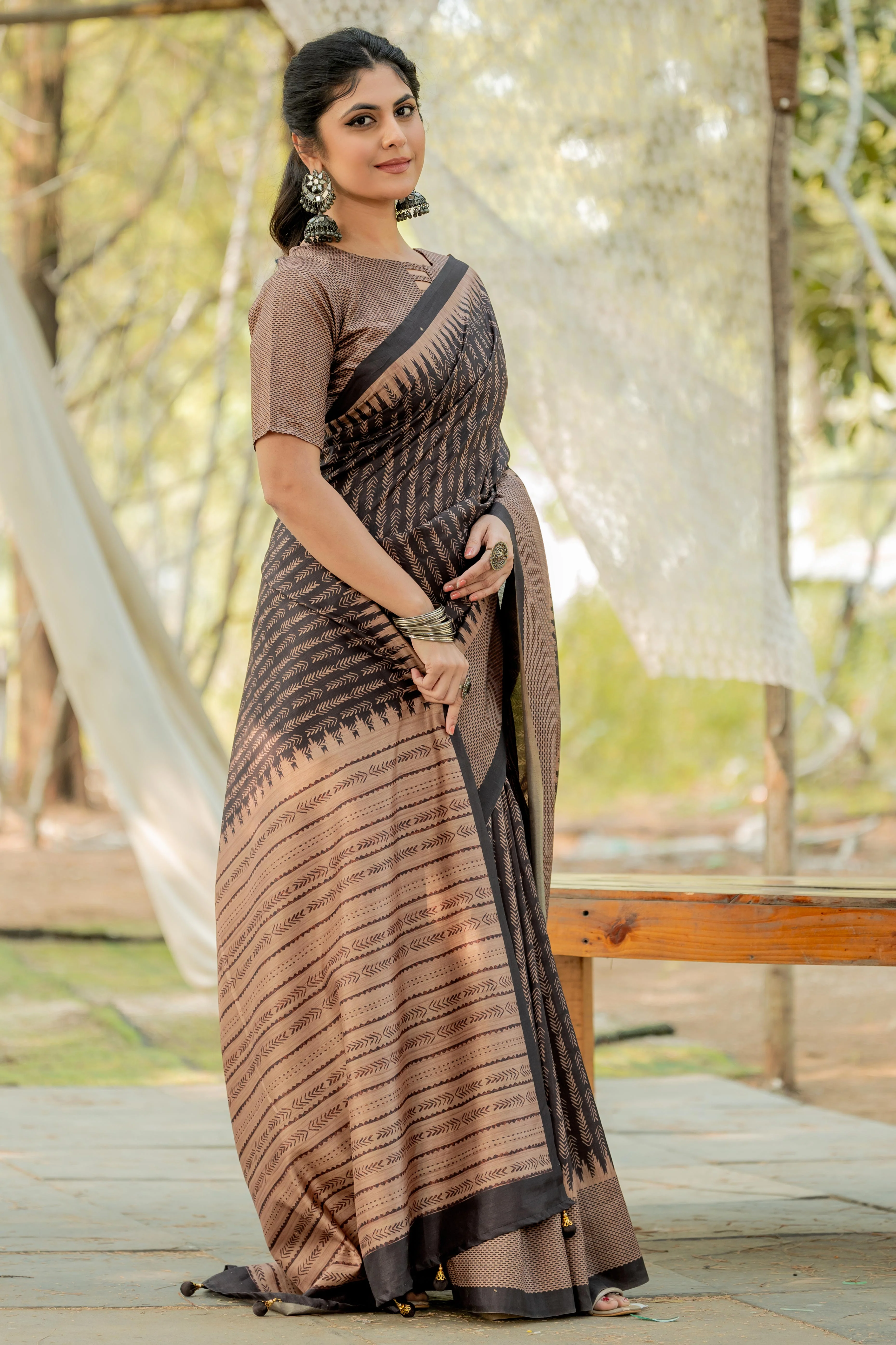 Black Kozi Cotton Silk Saree Indicating Digital Prints and Soft Tassel Edging - Image 4