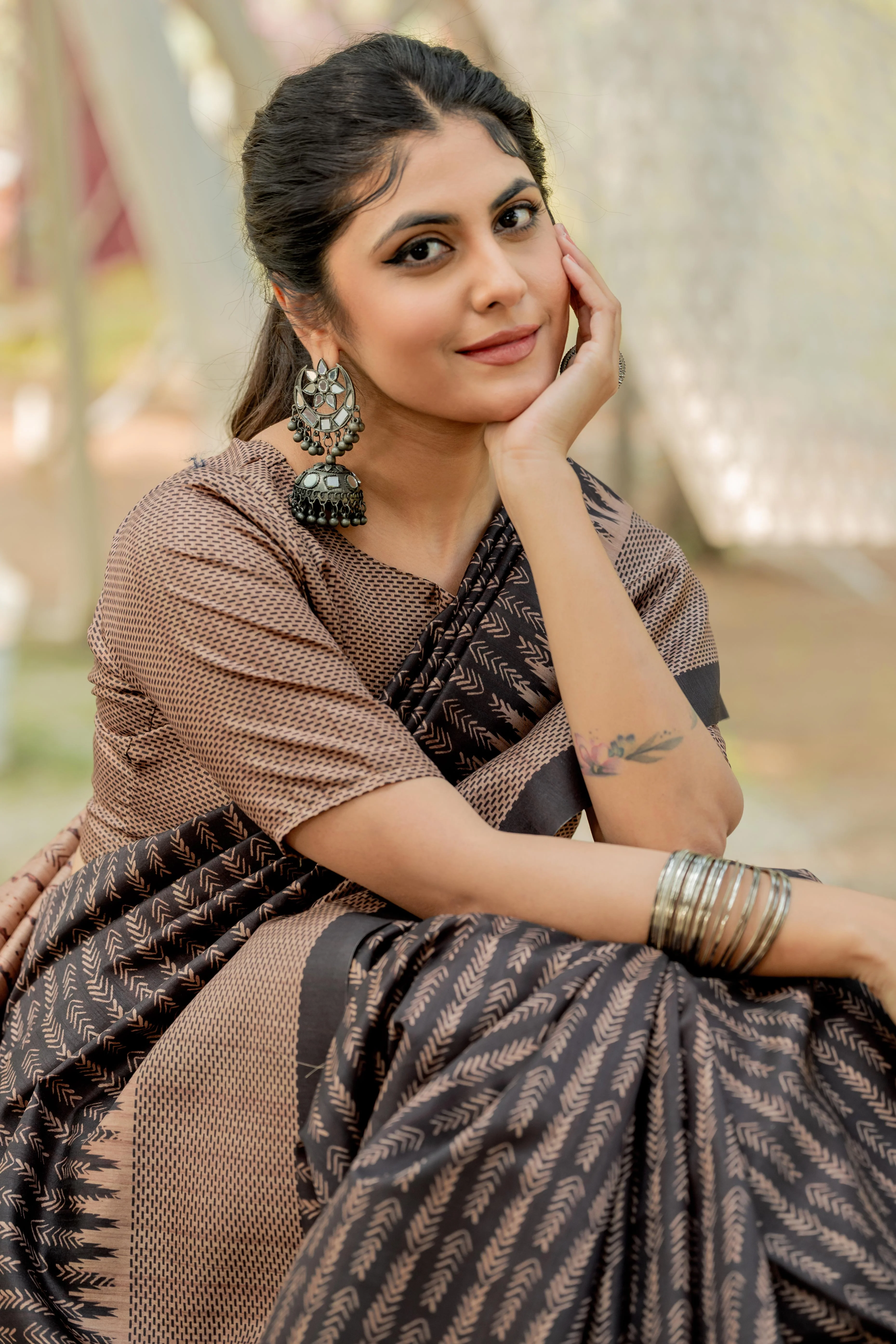 Black Kozi Cotton Silk Saree Indicating Digital Prints and Soft Tassel Edging - Image 6