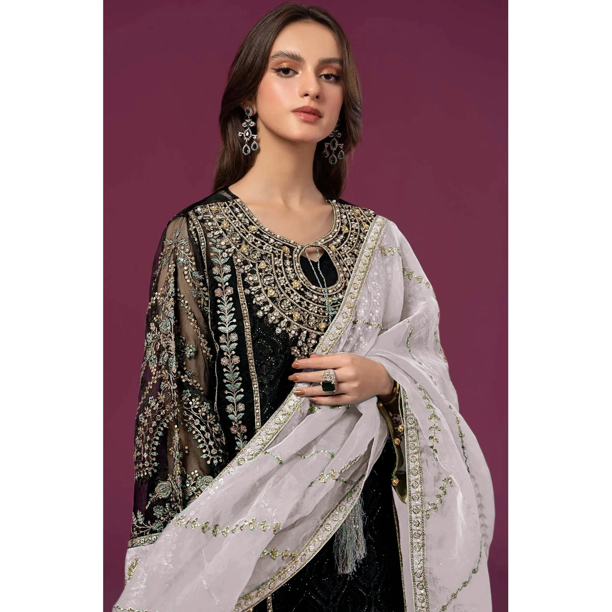Black & Lavender Embroidered Georgette Semi Stitched Pakistani Suit - Image 4