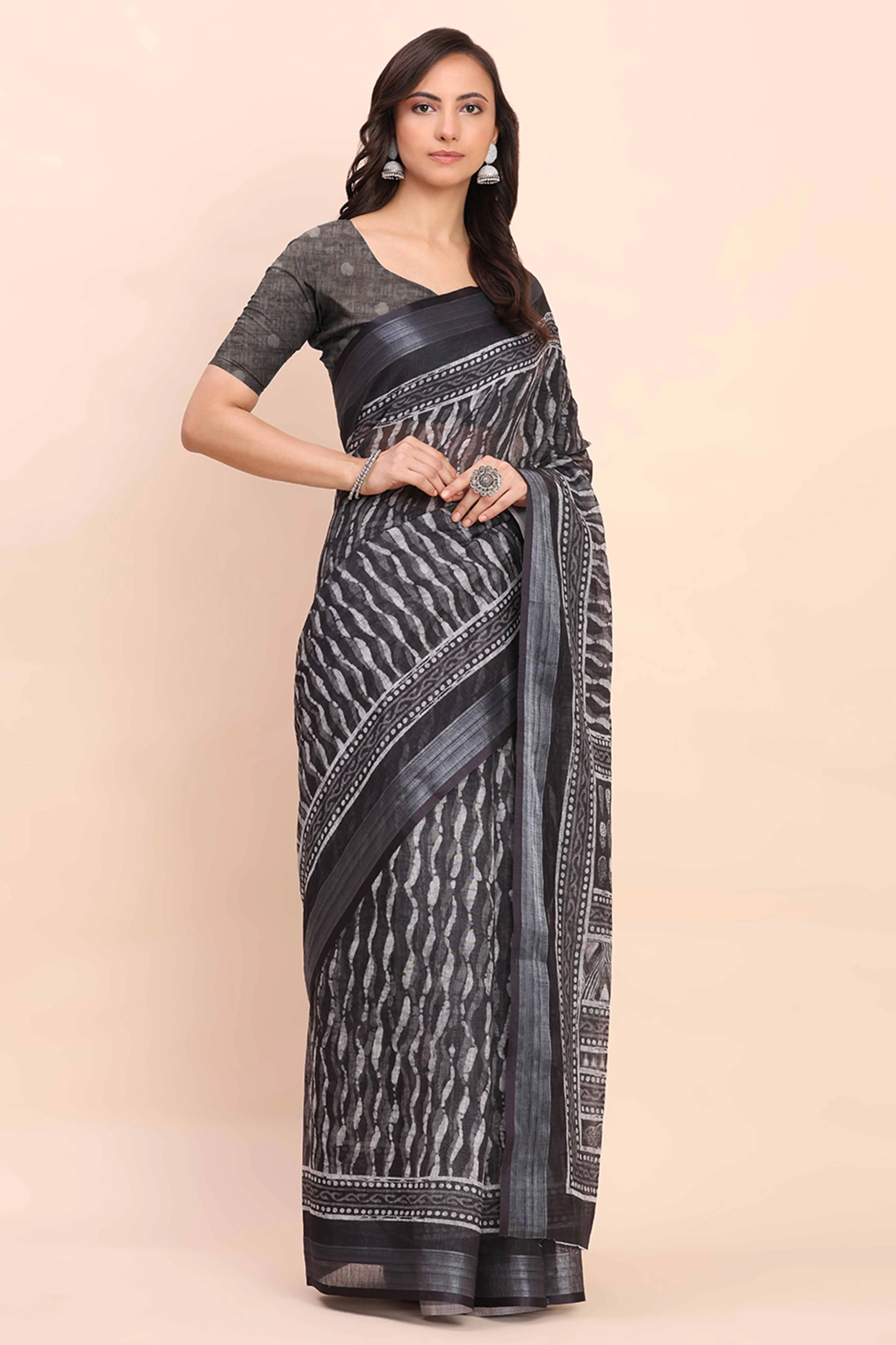 Black Linen Saree with Intricate Silver Weaving - Image 4