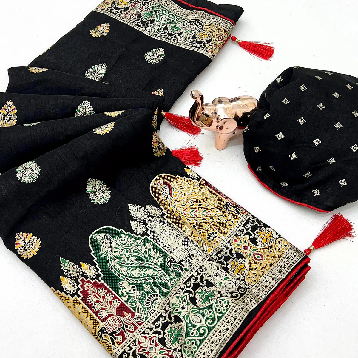 Black Luxury Pure Silk Saree Crafted With Floral Meenakari Foil Print & Trendy Tassel Pallu - Image 2