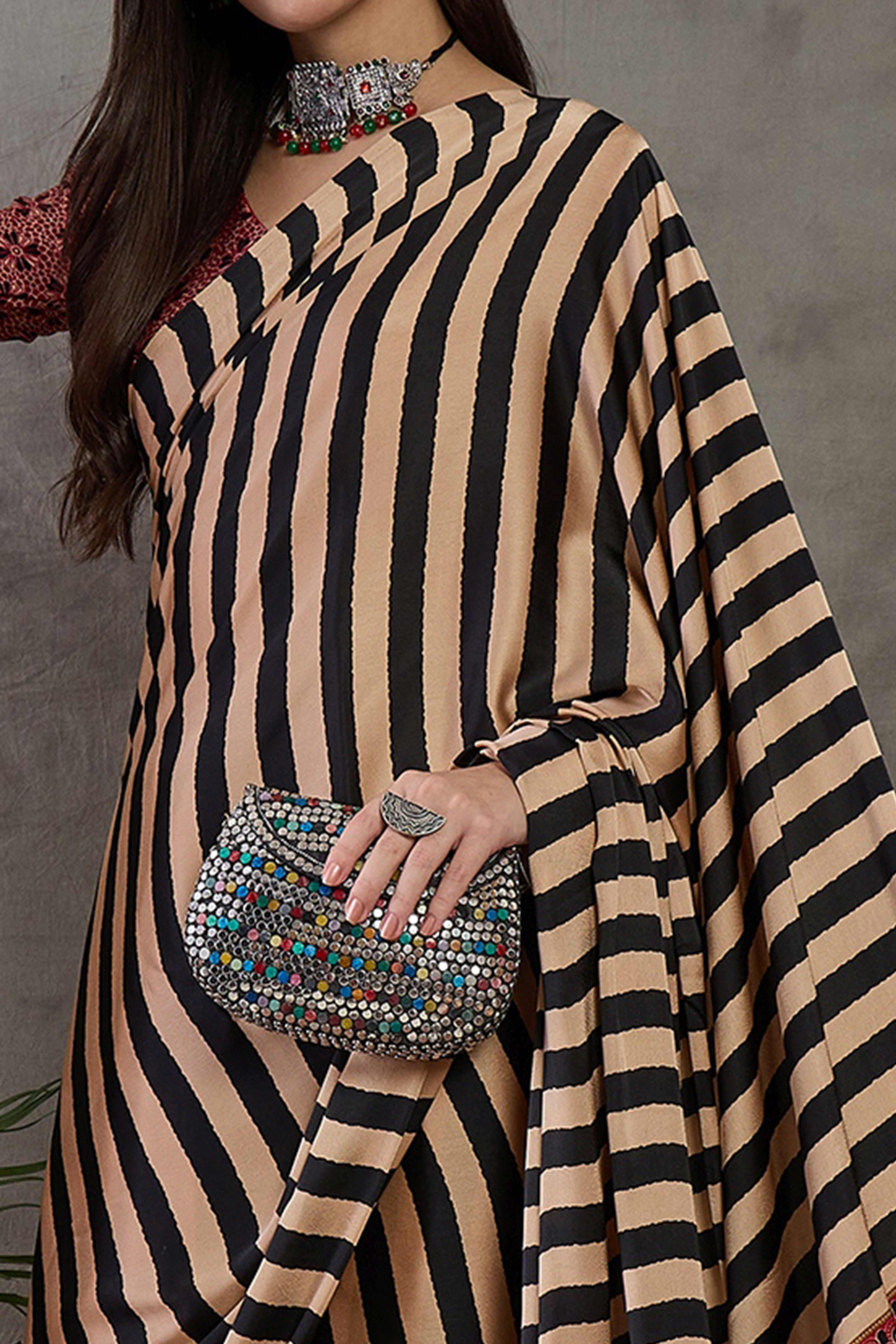 Black Modal Satin Saree with Subtle Stripe Design and Ajrakh Print on Pallu - Image 2