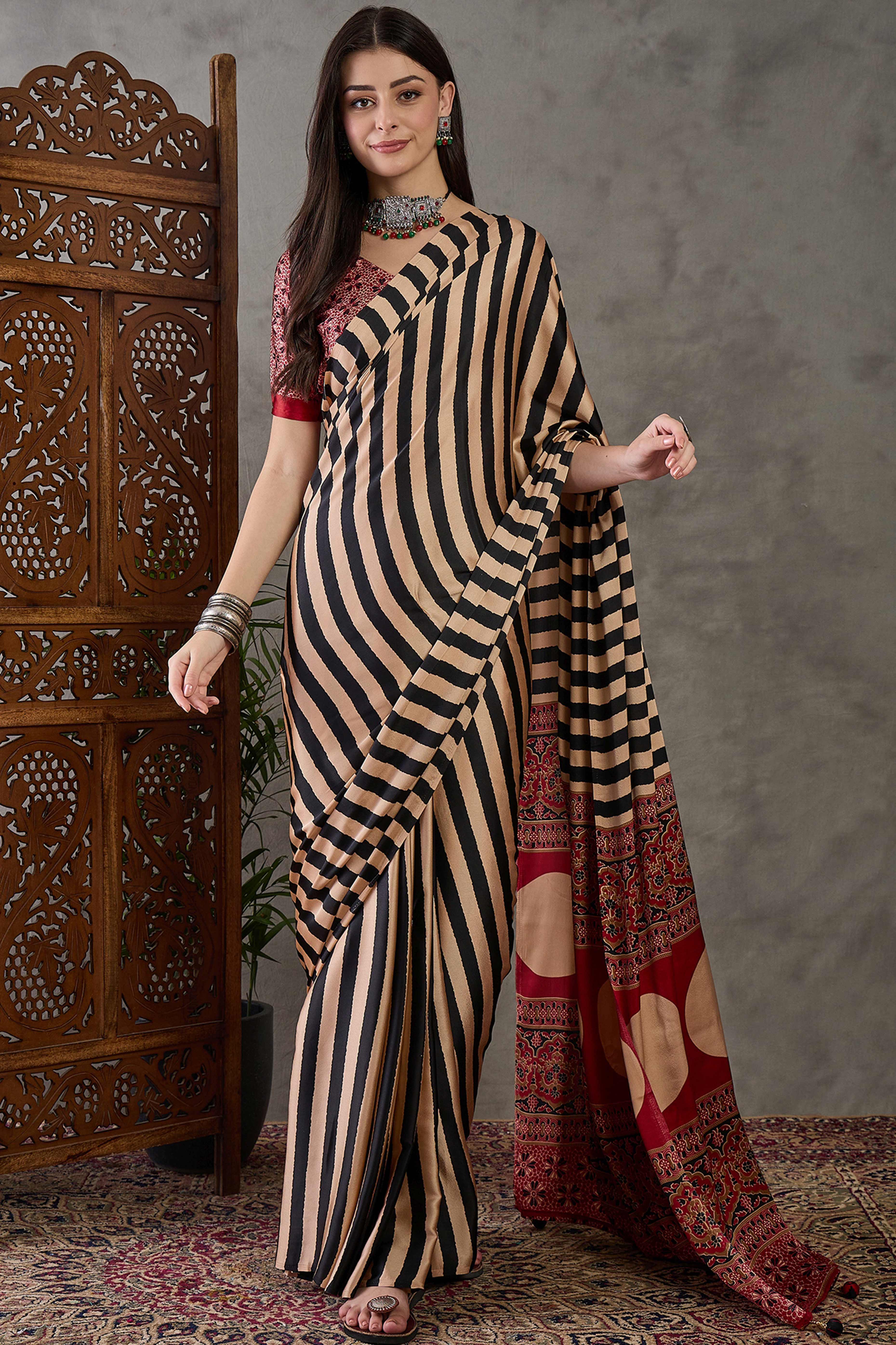 Black Modal Satin Saree with Subtle Stripe Design and Ajrakh Print on Pallu - Image 3