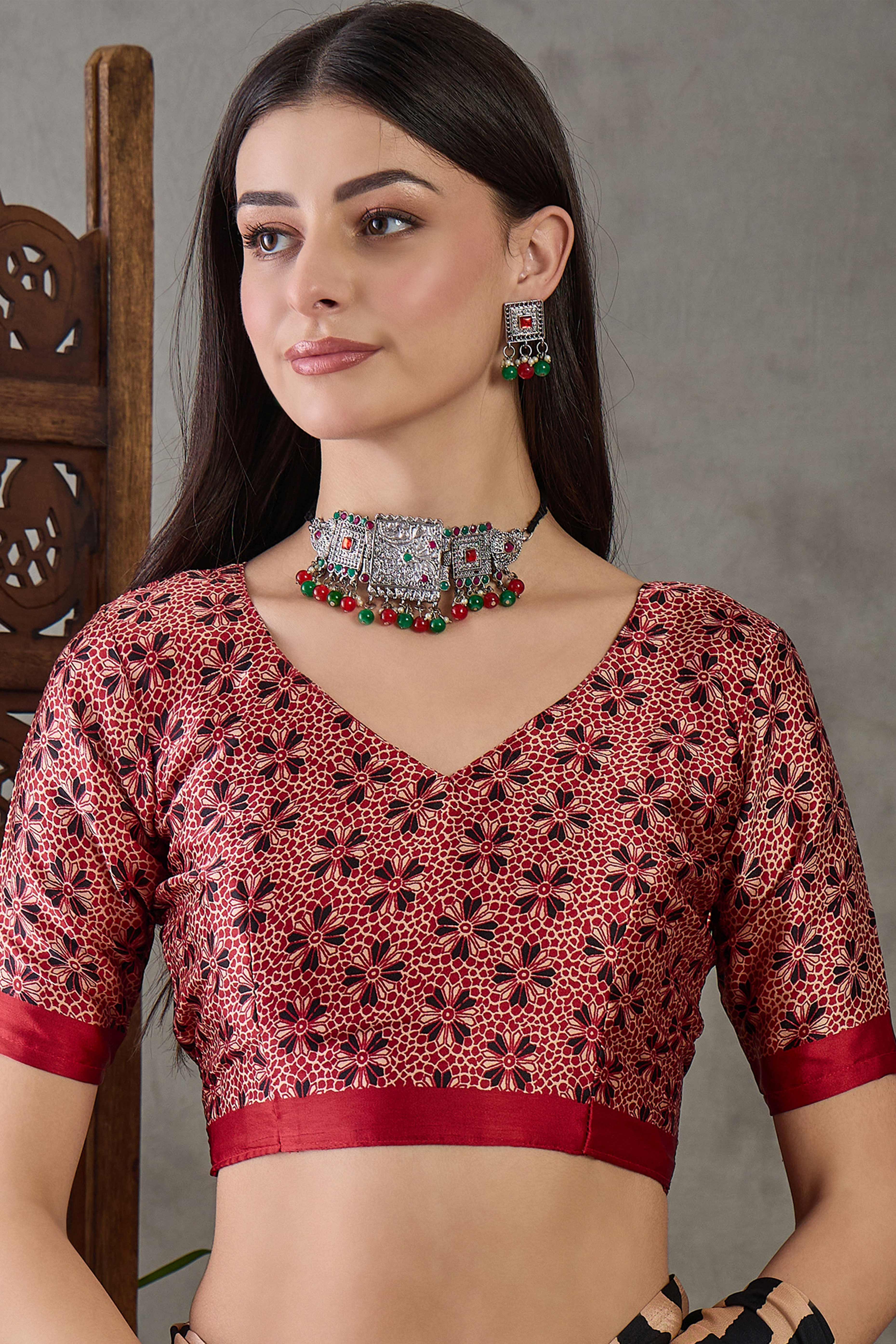 Black Modal Satin Saree with Subtle Stripe Design and Ajrakh Print on Pallu - Image 8