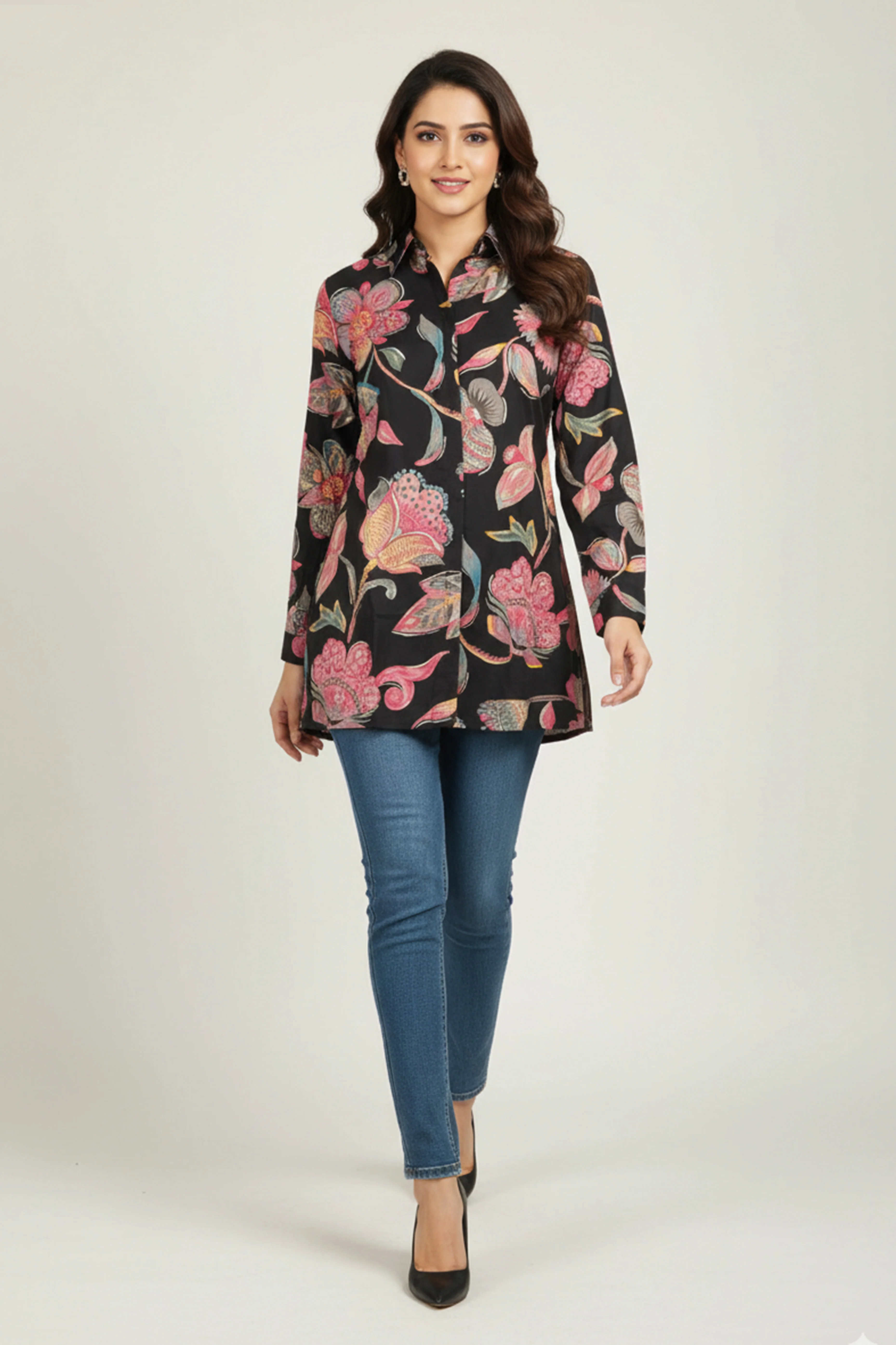 Black Muslin Shirt Top with Allover Floral Motifs - Image 5