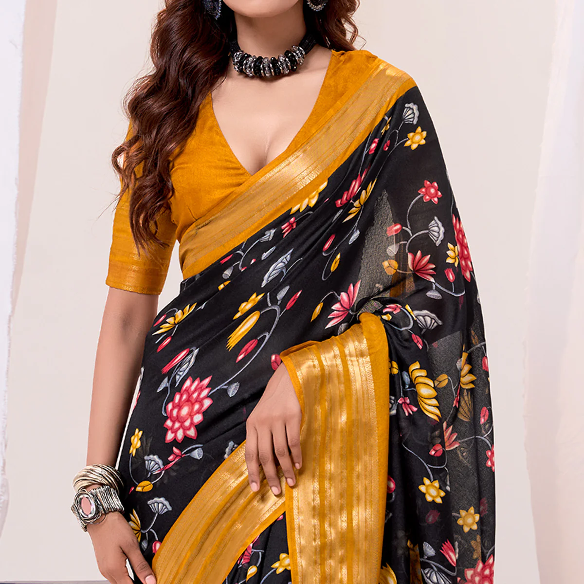 Black & Mustard Floral Printed Cotton Blend Saree With Woven Border - Image 2