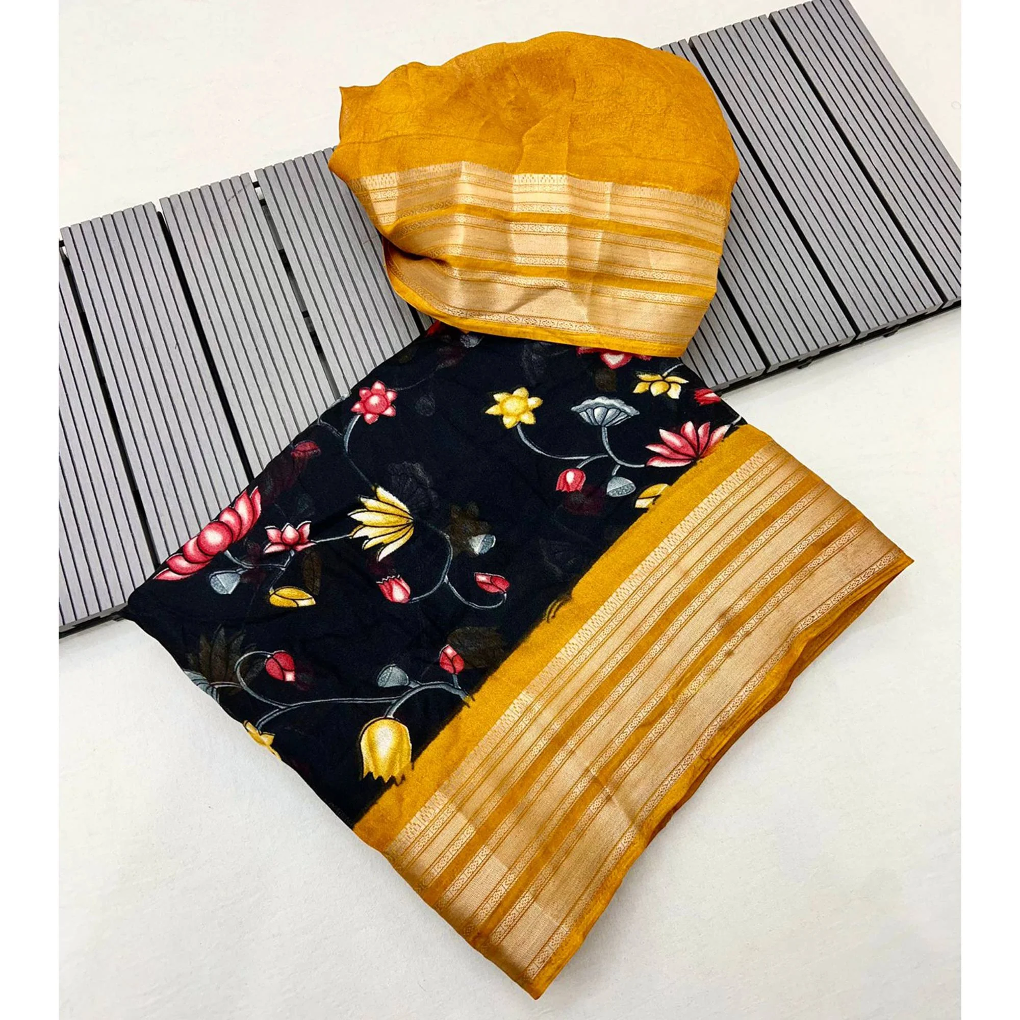 Black & Mustard Floral Printed Moss Georgette Saree With Woven Border - Image 3