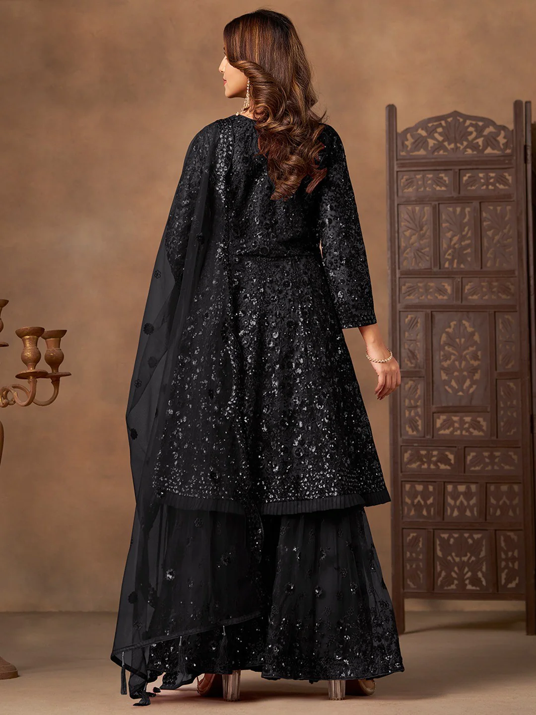 Black Net Embroidered Semi Sticthed Sharara Suit Set with Timeless Embroidery Design - Image 4