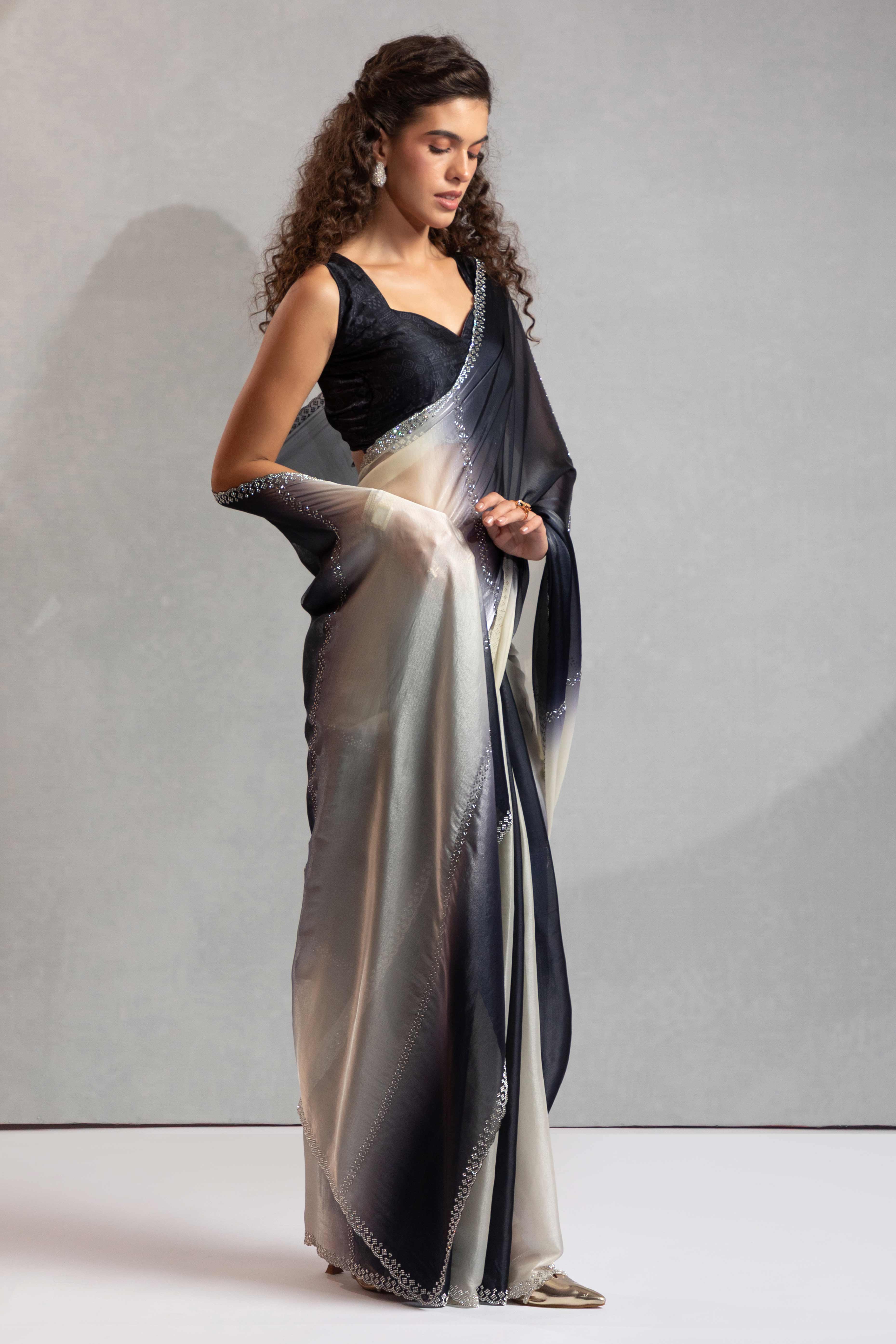 Black & Off White Satin Silk Saree Decorated With Stone Embellishments - Image 3