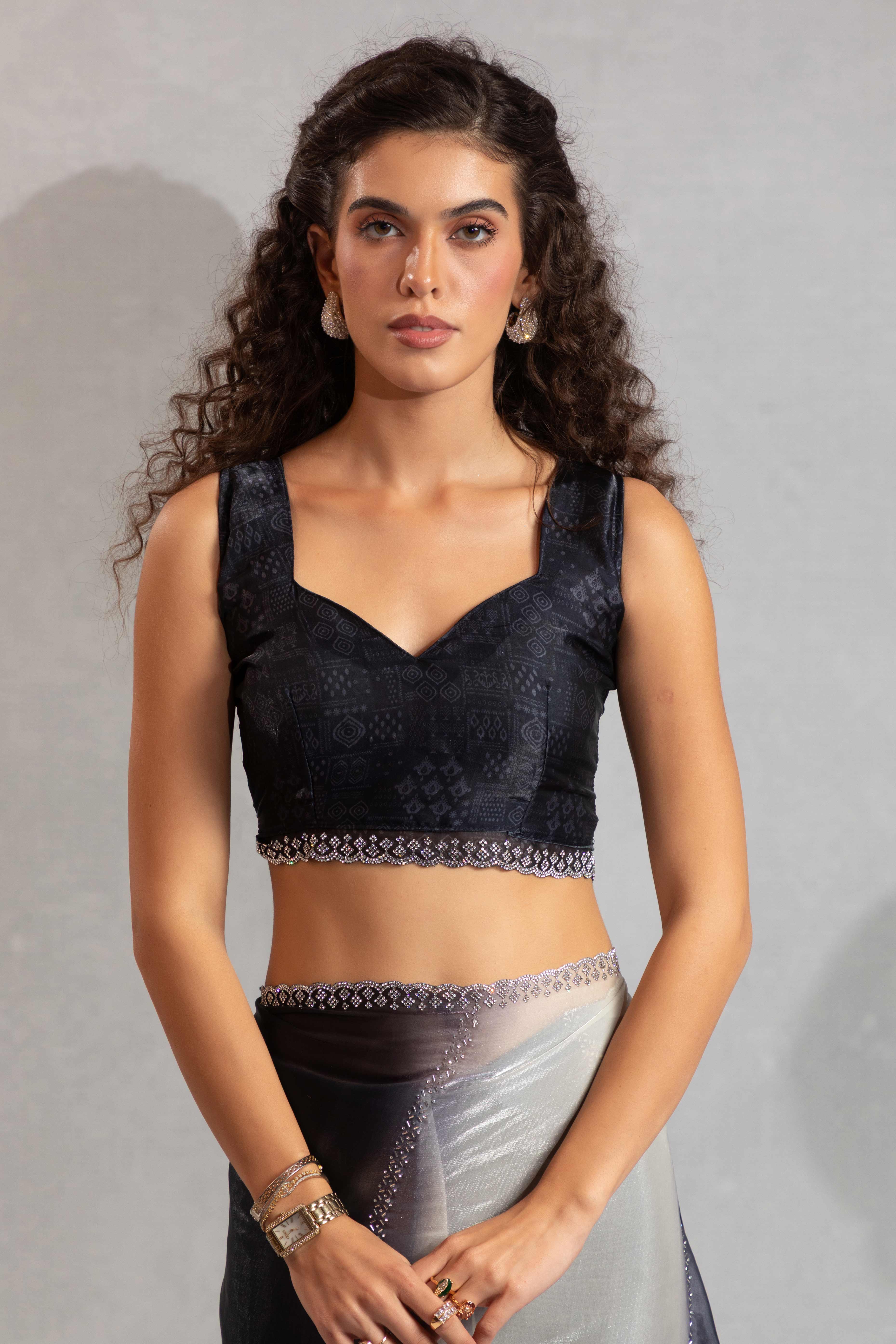 Black & Off White Satin Silk Saree Decorated With Stone Embellishments - Image 6