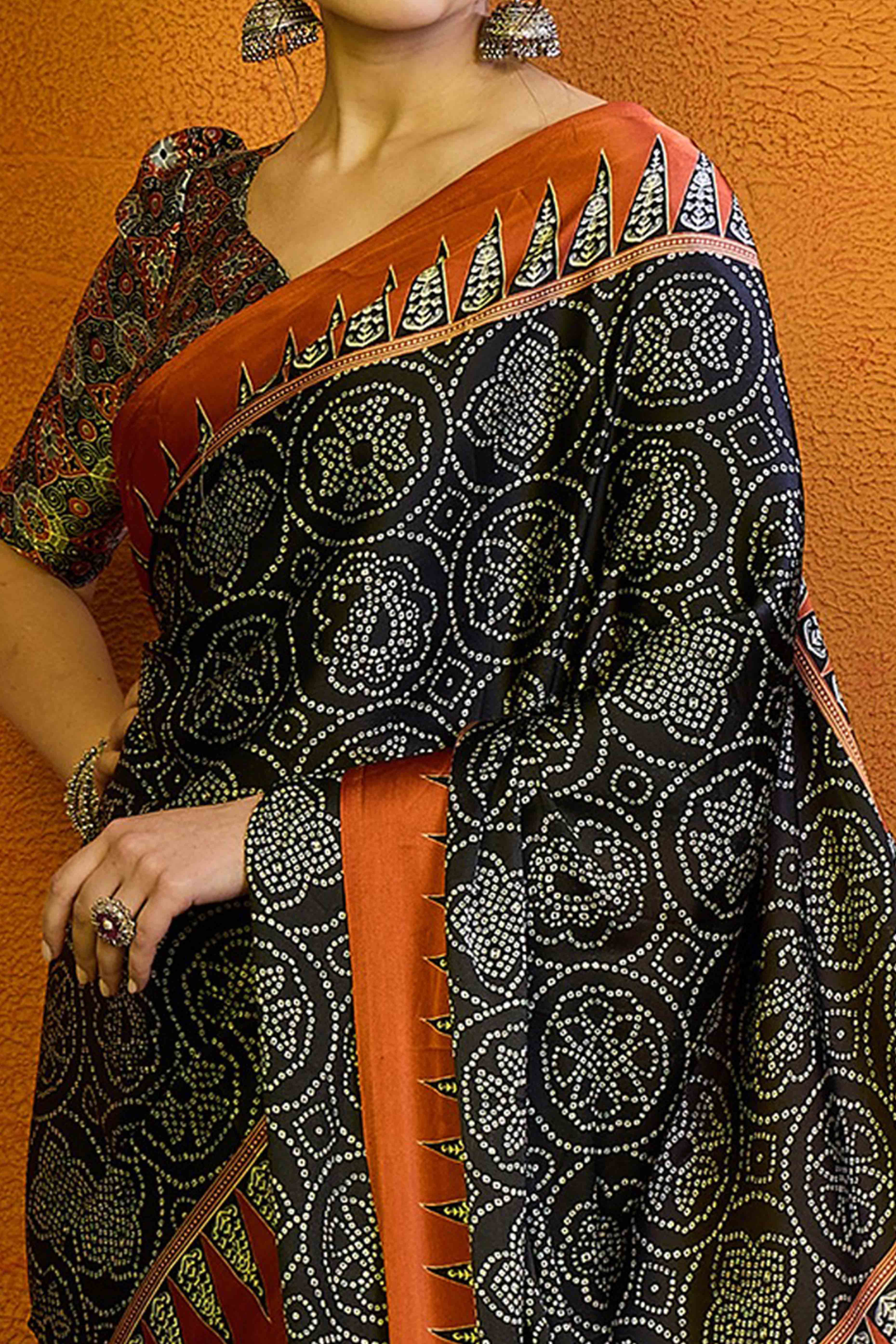 Black & Orange Bandhani Printed Modal Satin Saree - Image 2