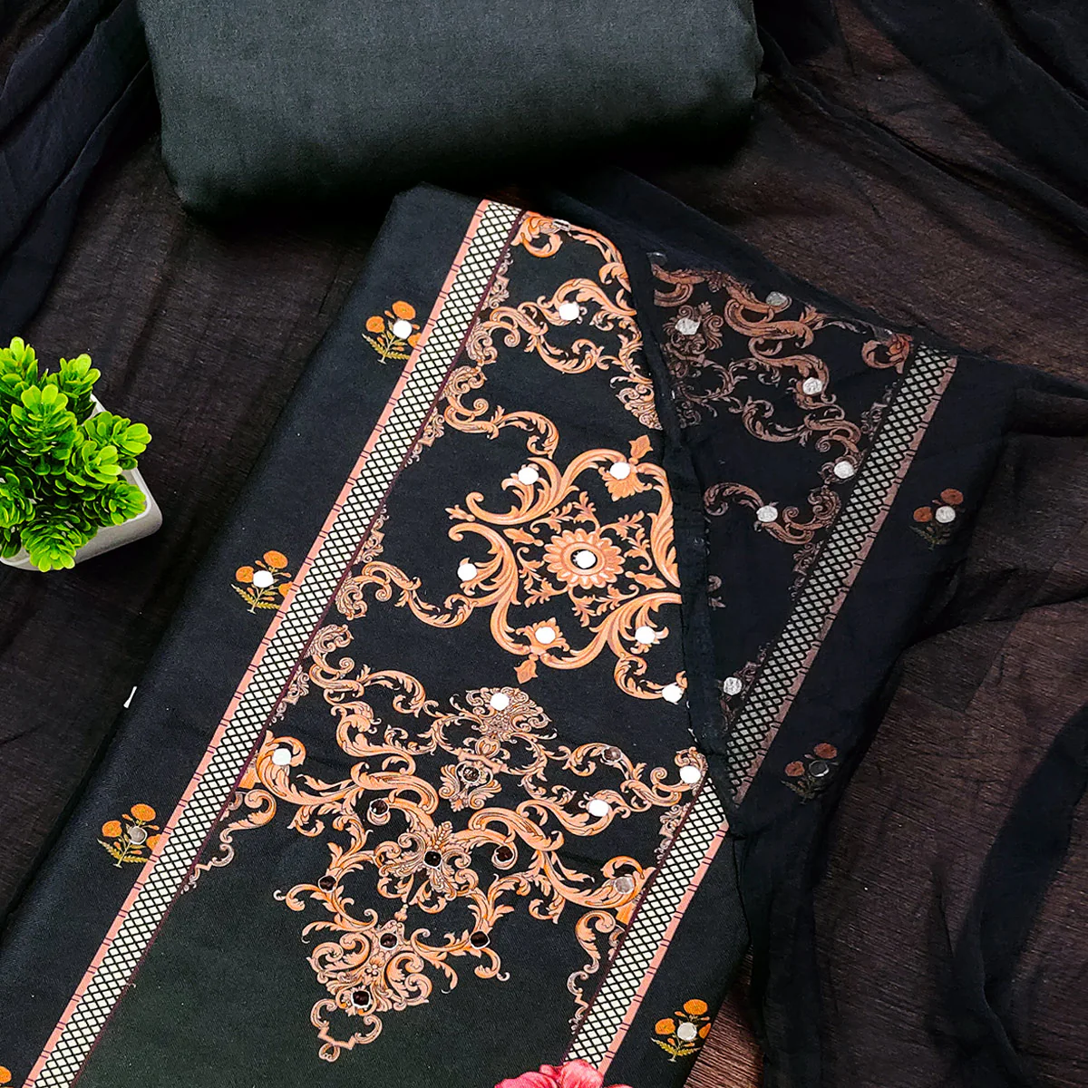 Black & Orange Floral Digital Printed Rayon Dress Material Enhanced With Mirror Work - Image 2