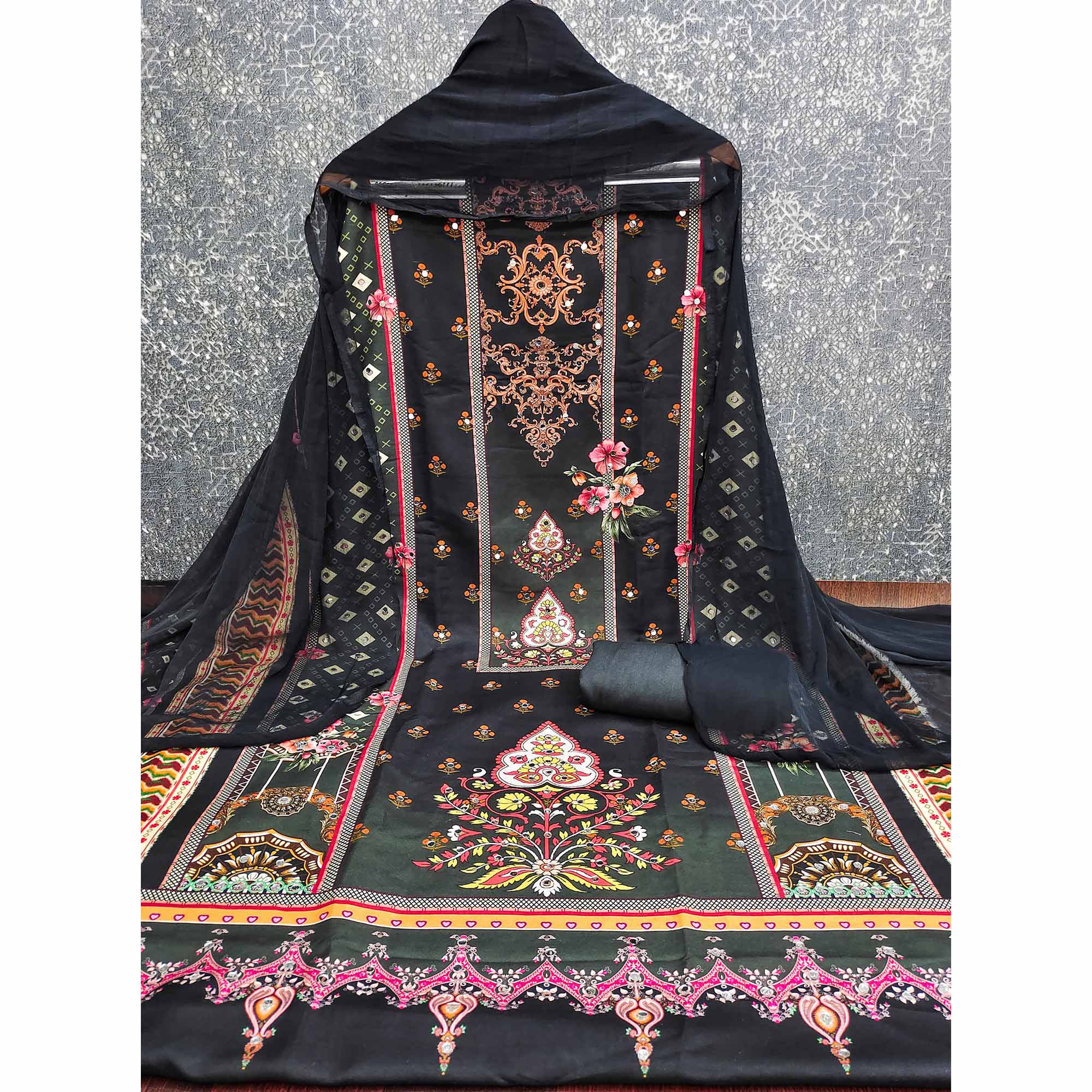 Black & Orange Floral Digital Printed Rayon Dress Material Enhanced With Mirror Work - Image 3
