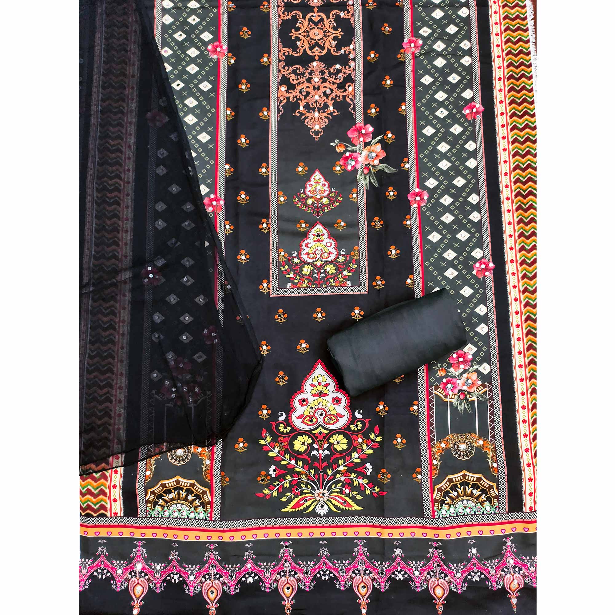 Black & Orange Floral Digital Printed Rayon Dress Material Enhanced With Mirror Work - Image 4