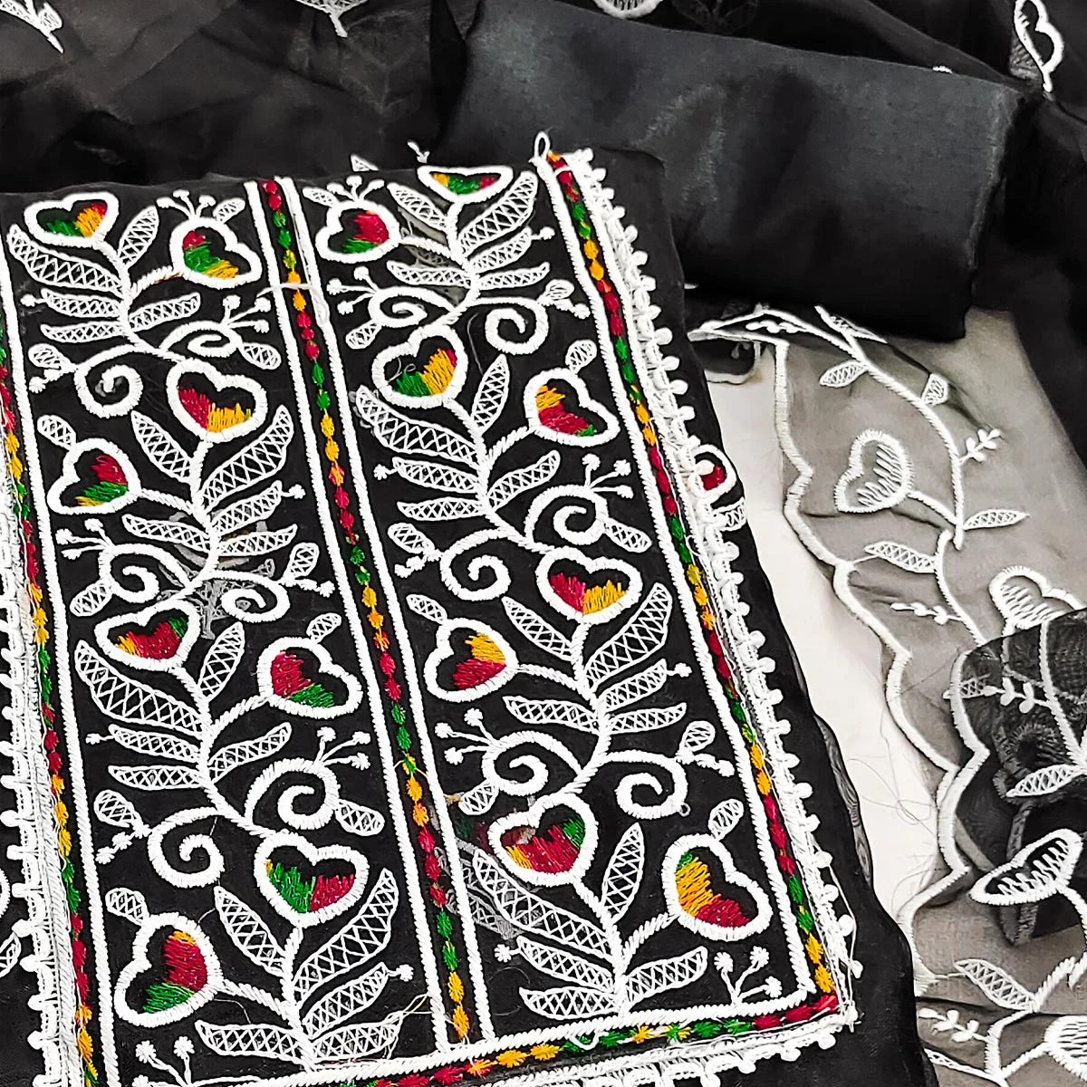 Black Organza Dress Material With Intricate Floral Embroidery Work - Image 2