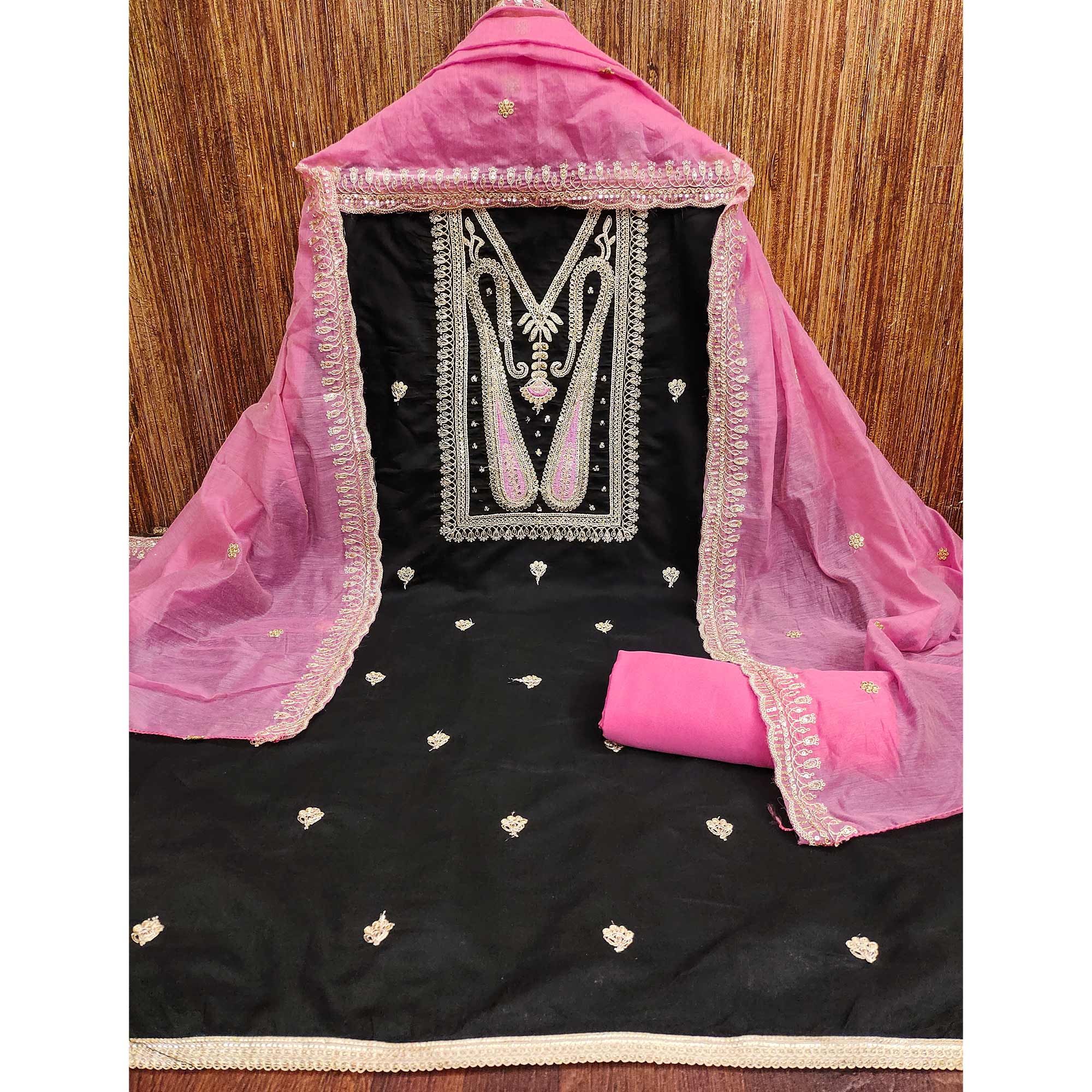 Black Paisley Embroidered Chanderi Dress Material - Image 3