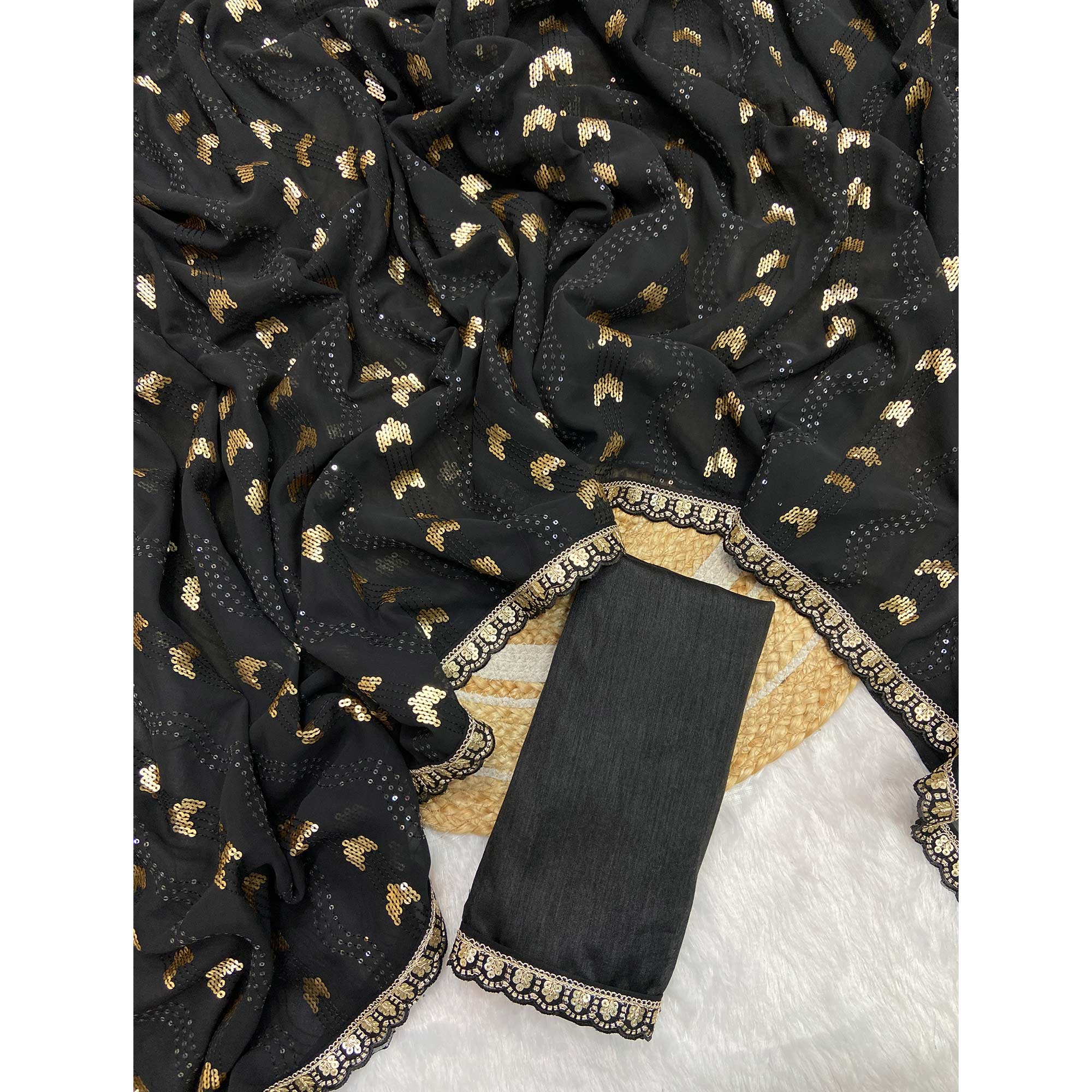 Black Party Saree in Lightweight Georgette with Sequins Embellishment - Image 3