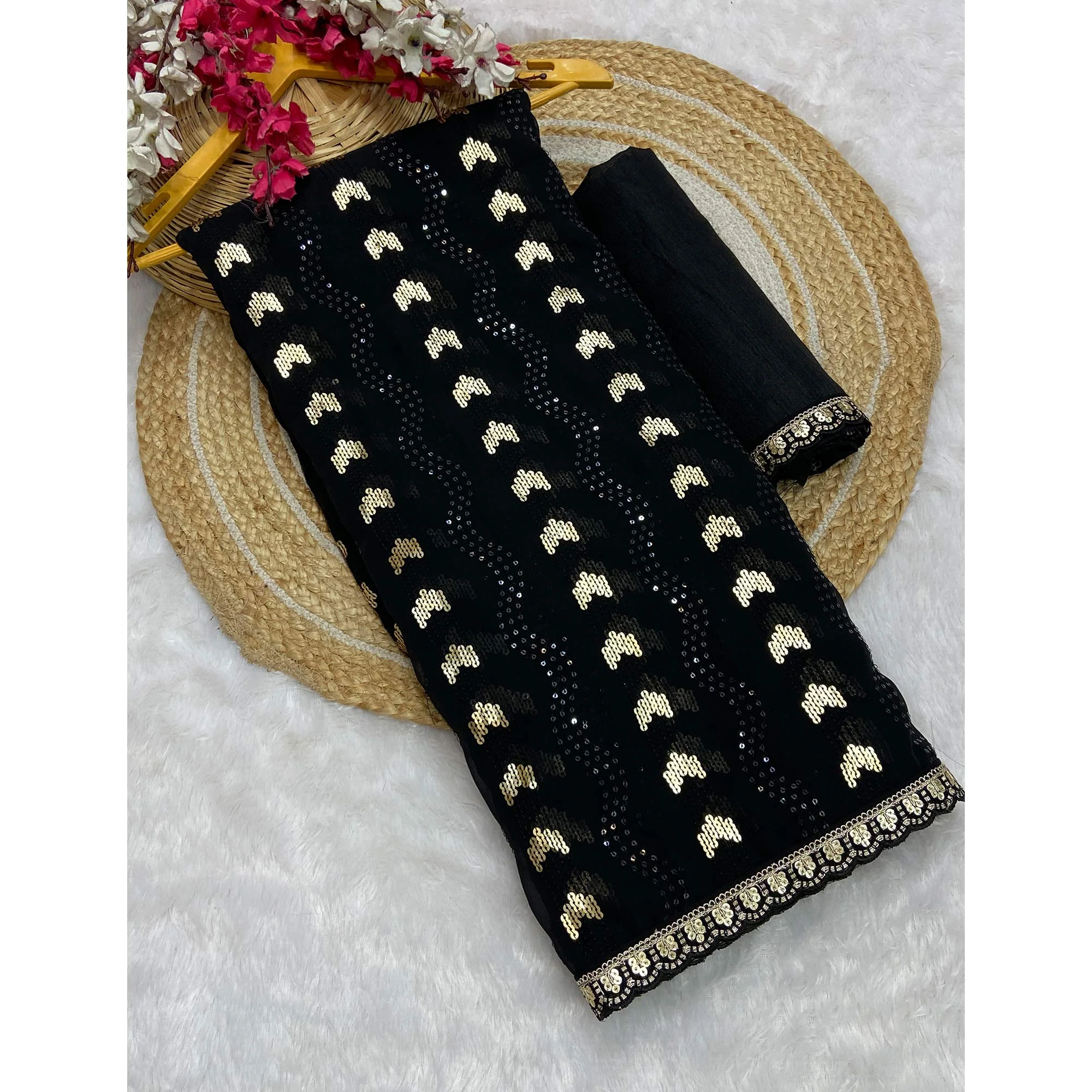 Black Party Saree in Lightweight Georgette with Sequins Embellishment - Image 5