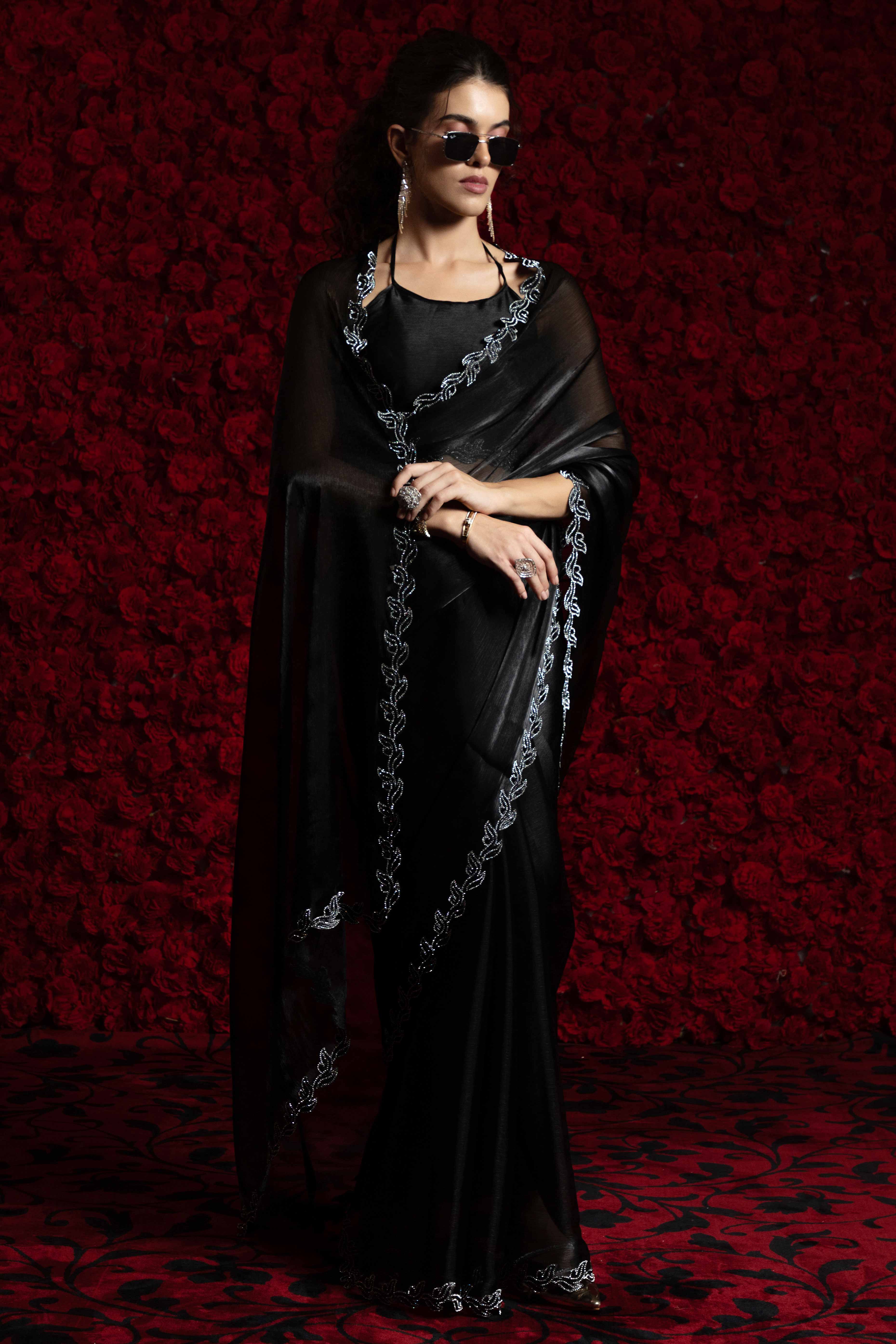Black Party Wear Saree Stone Embellished Tissue Chiffon Fabric - Image 3