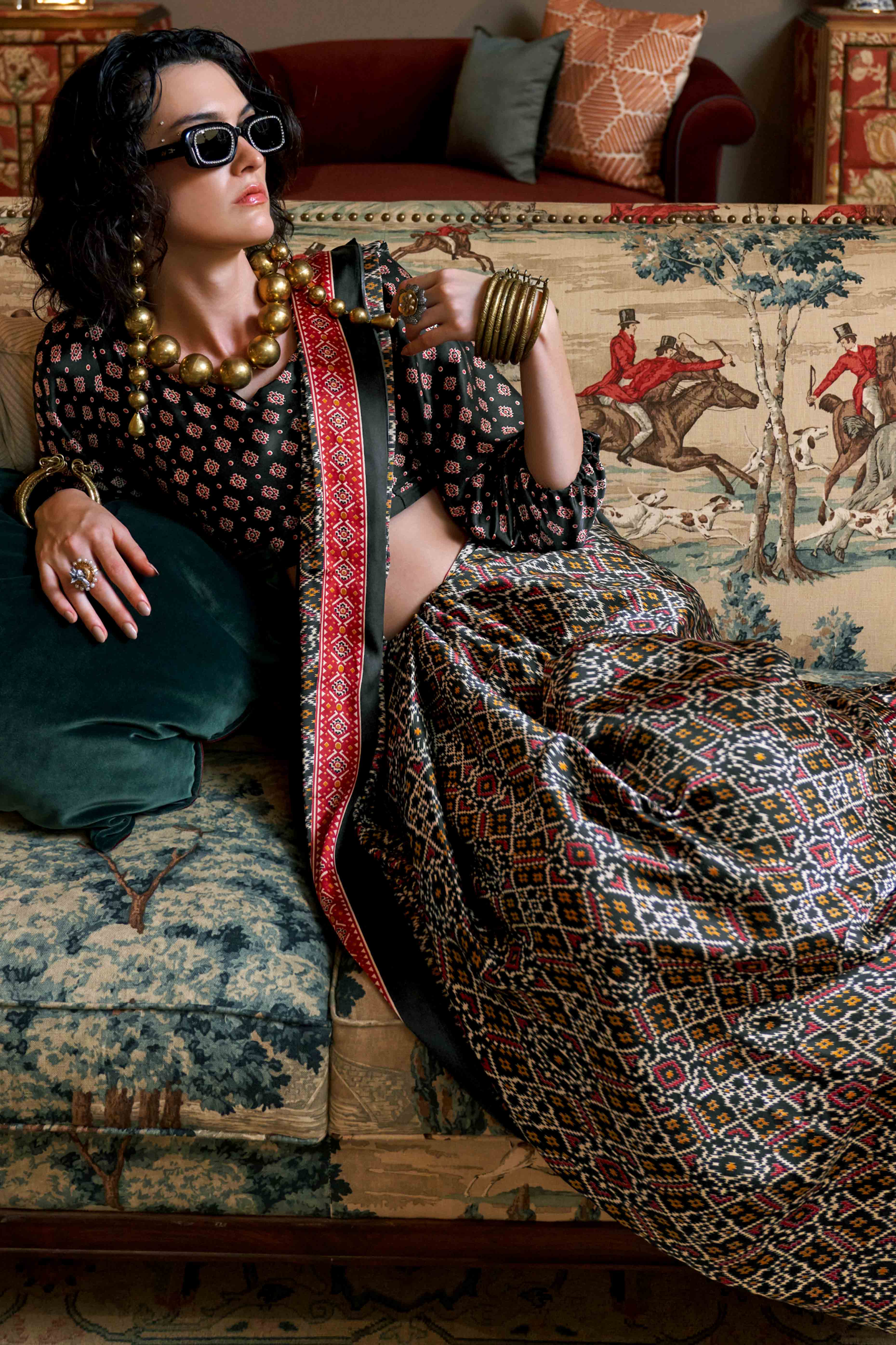 Black Patola Printed Satin Crepe Saree - Image 3