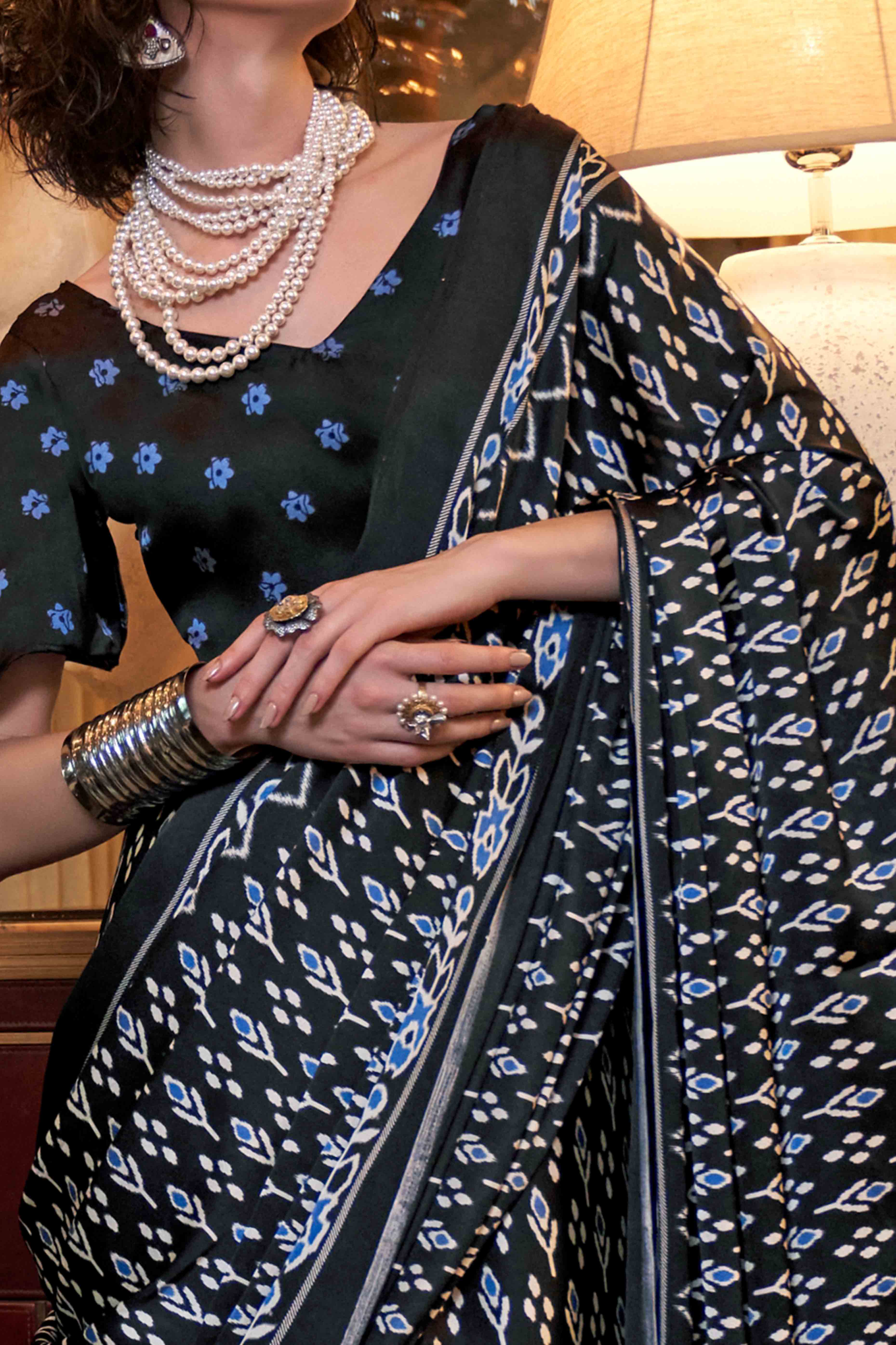 Black Patola Printed Satin Crepe Saree - Image 2