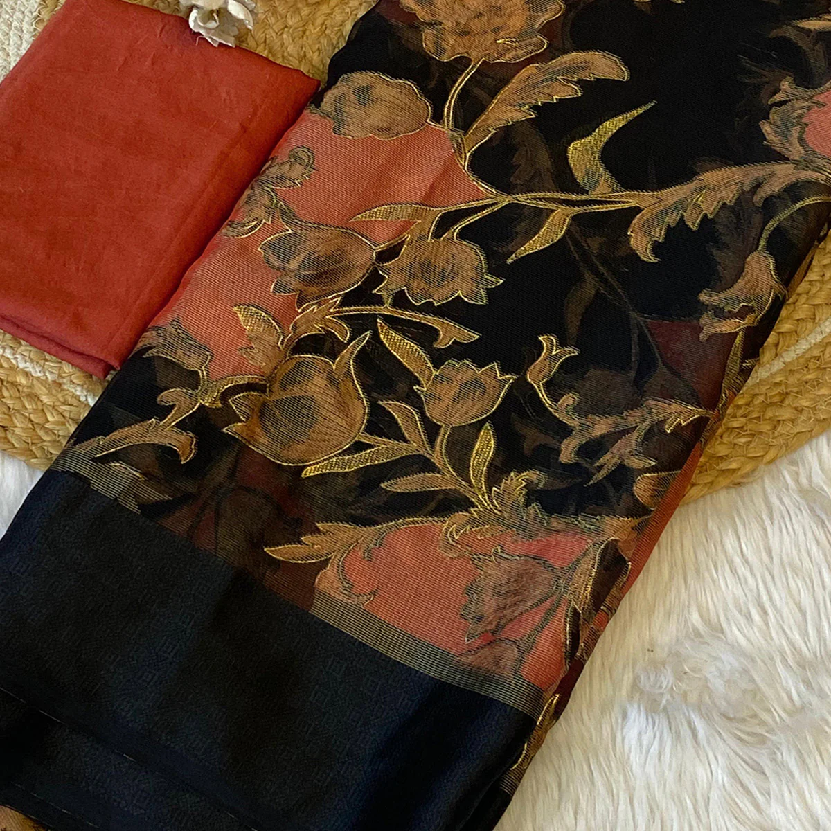 Black & Peach Foil Printed Brasso Saree for Party Wear - Image 2