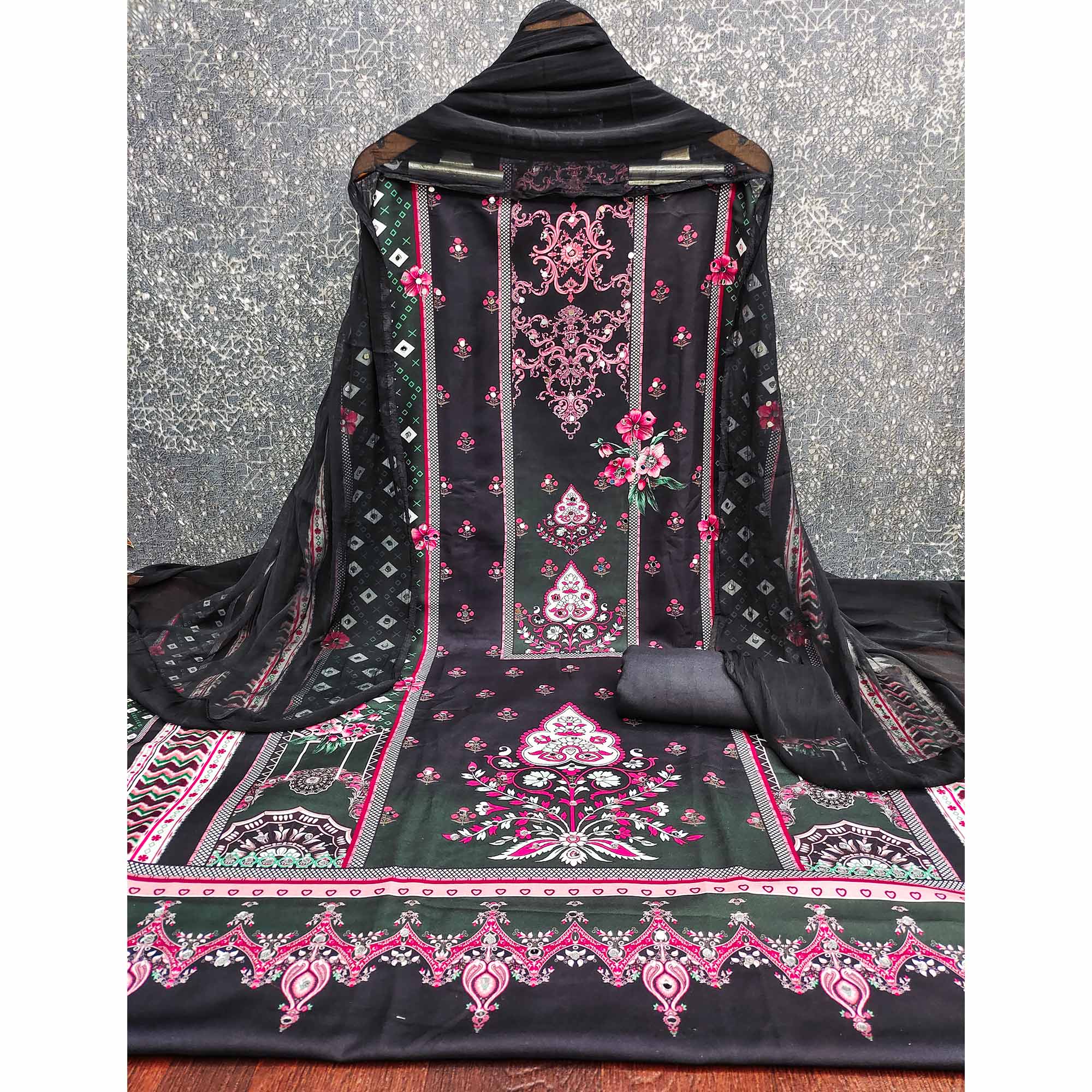 Black & Pink Floral Digital Printed Rayon Dress Material Enhanced With Mirror Work - Image 3