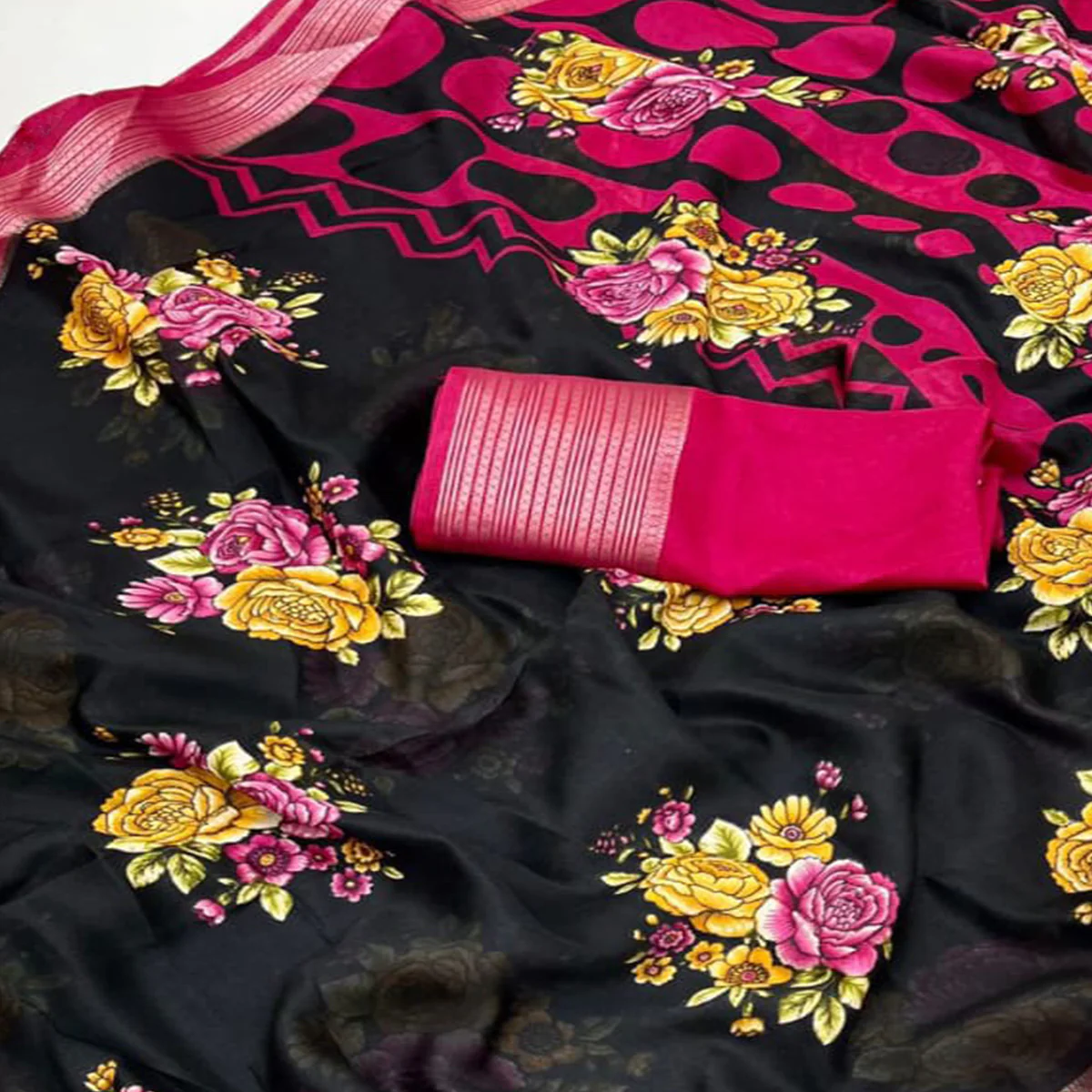 Black & Pink Floral Printed Moss Georgette Saree With Woven Border - Image 2