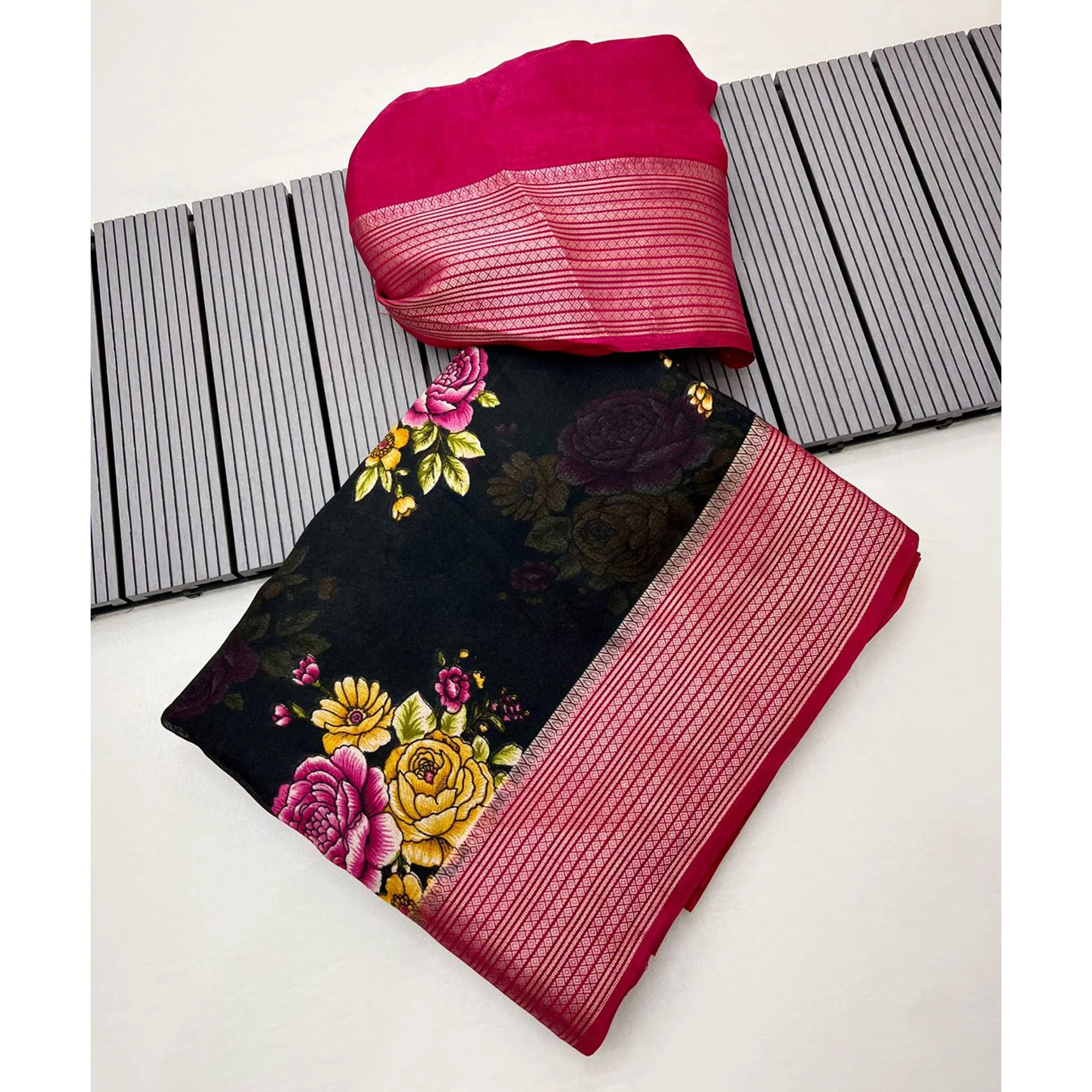 Black & Pink Floral Printed Moss Georgette Saree With Woven Border - Image 3